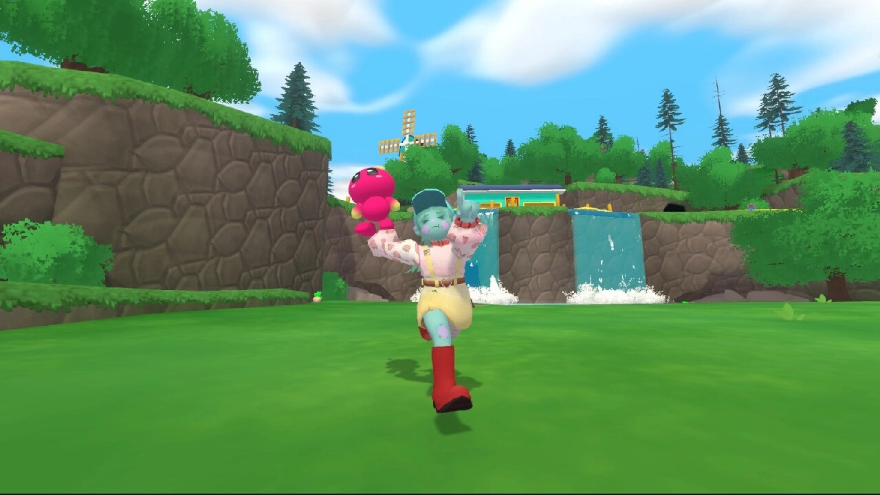 Bobo Bay: Character holding pink creature running in grassy area with waterfall and windmill in background