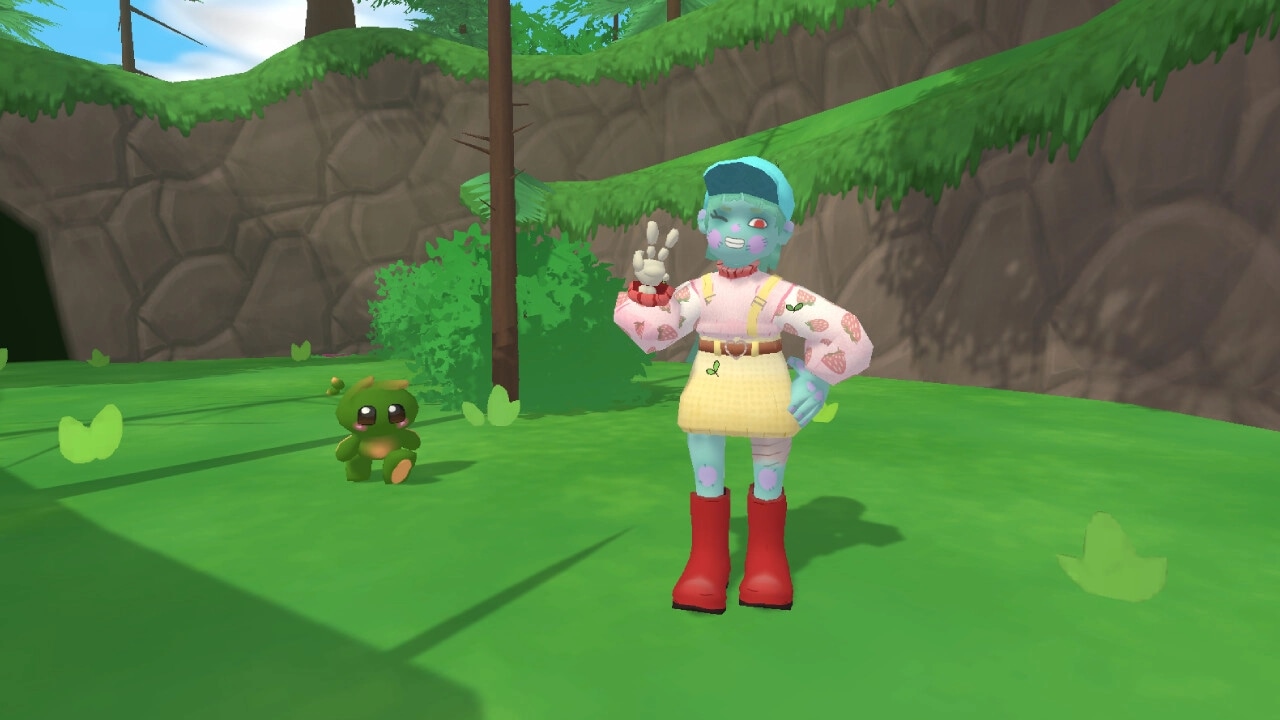 Bobo Bay: Character poses with a peace sign beside a small green creature in a grassy forest clearing