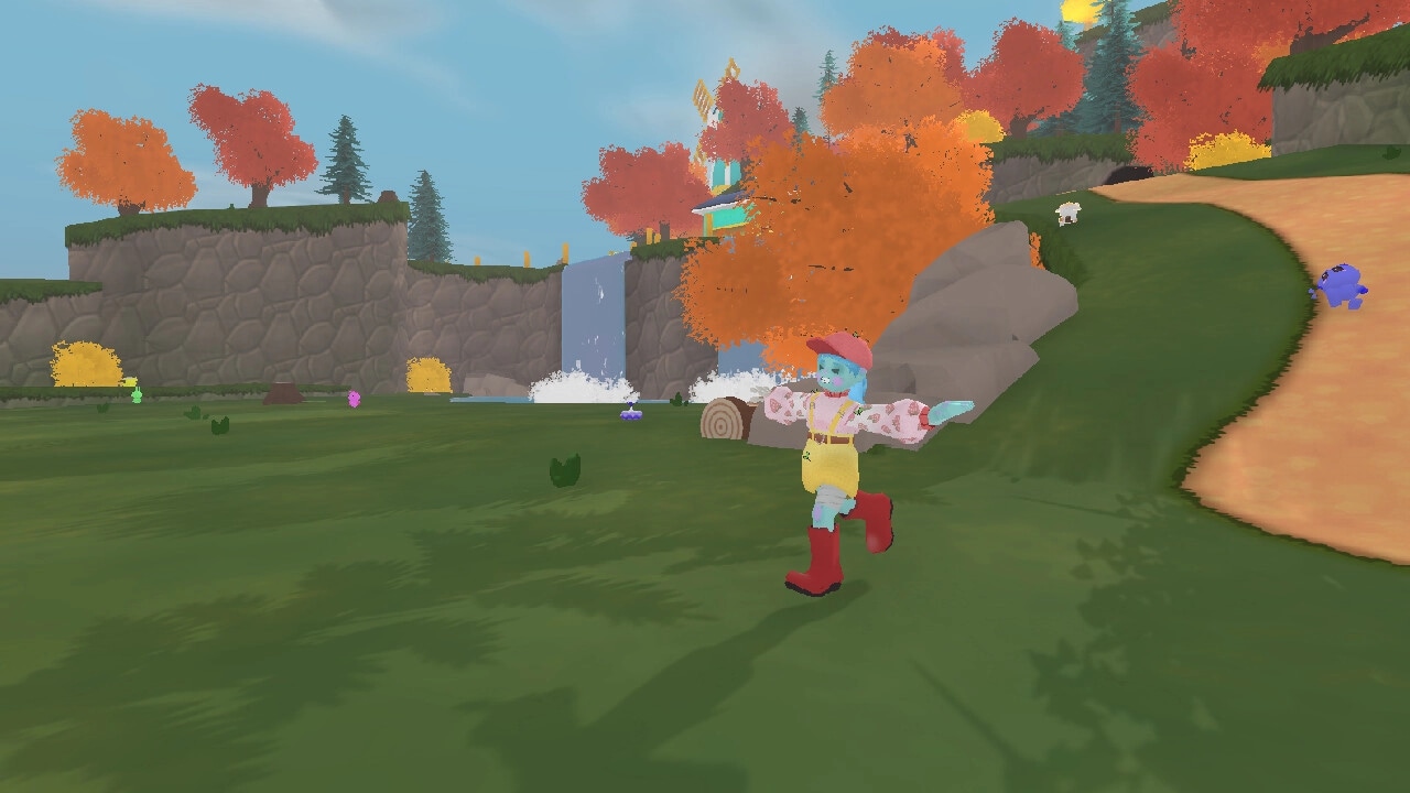 Bobo Bay: Character running through grassy landscape with autumn trees and waterfall in background