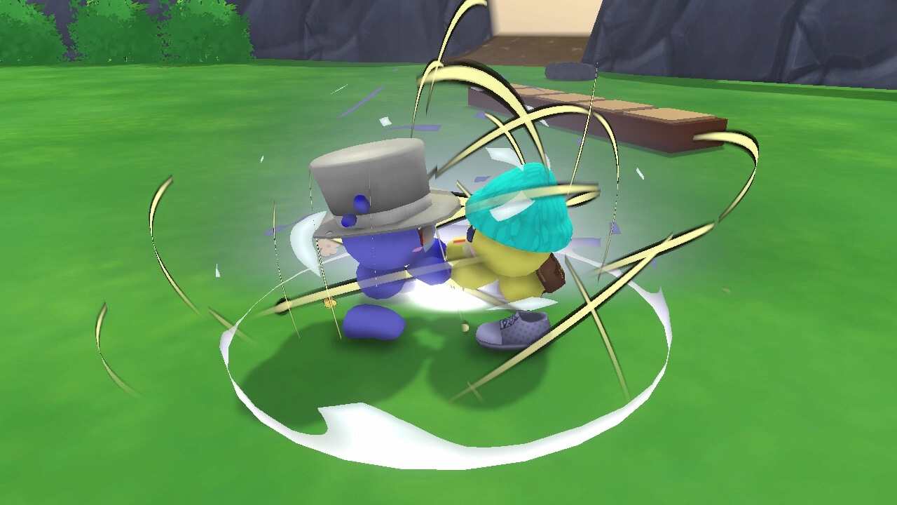 Bobo Bay: Two creatures in hats performing a spin attack on grassy field with mountains in background