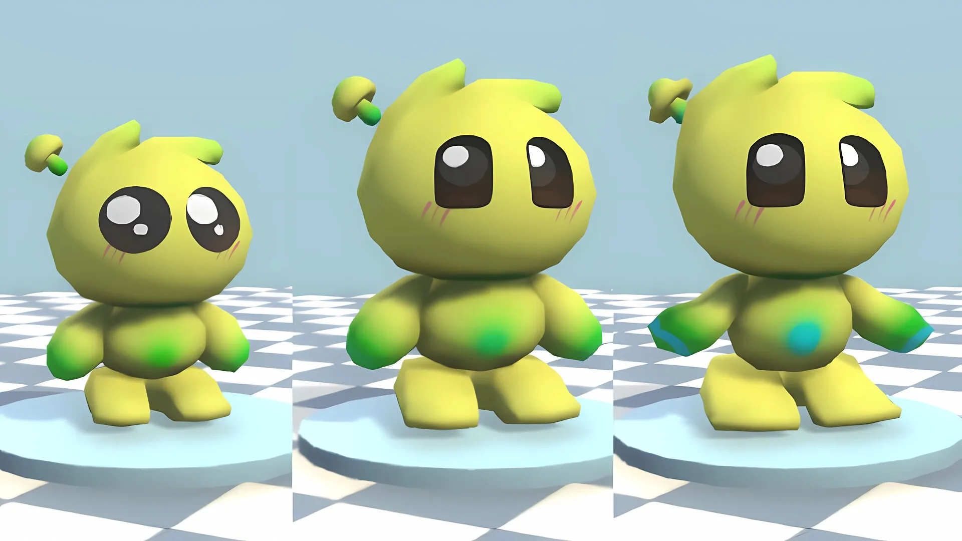 Bobo Bay: Three cute green creatures on display platforms in a bright, checkered environment