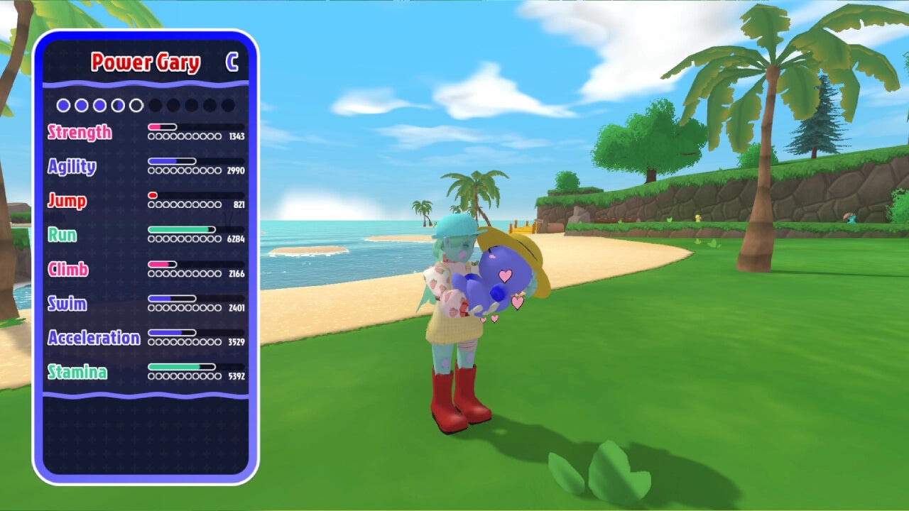 Bobo Bay: Character holds creature with hearts beside stat menu on tropical beach.