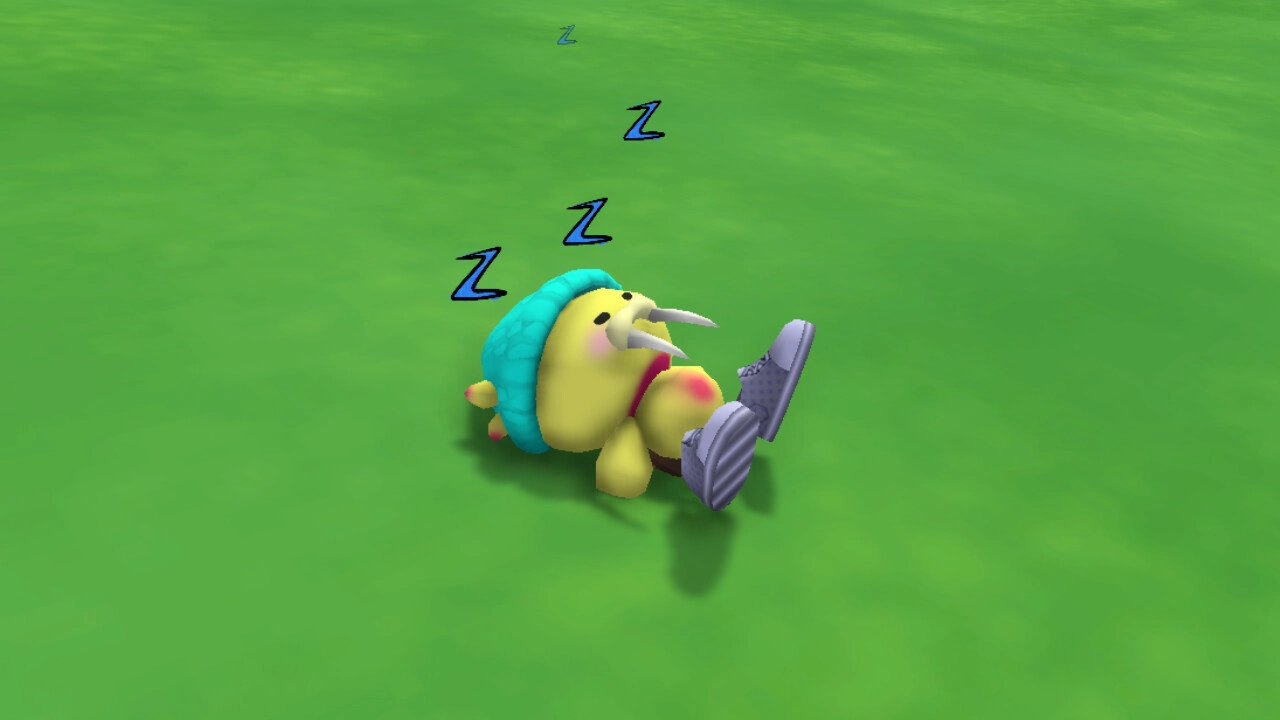Bobo Bay: Sleeping creature with blue hat and shoes on grassy field, Z's floating above its head