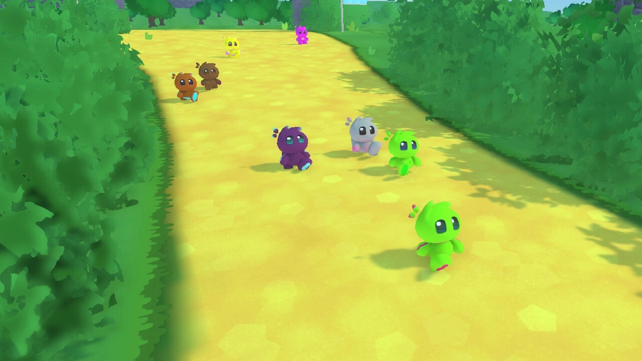 Bobo Bay: Colorful creatures race down a bright yellow path surrounded by lush green hedges.