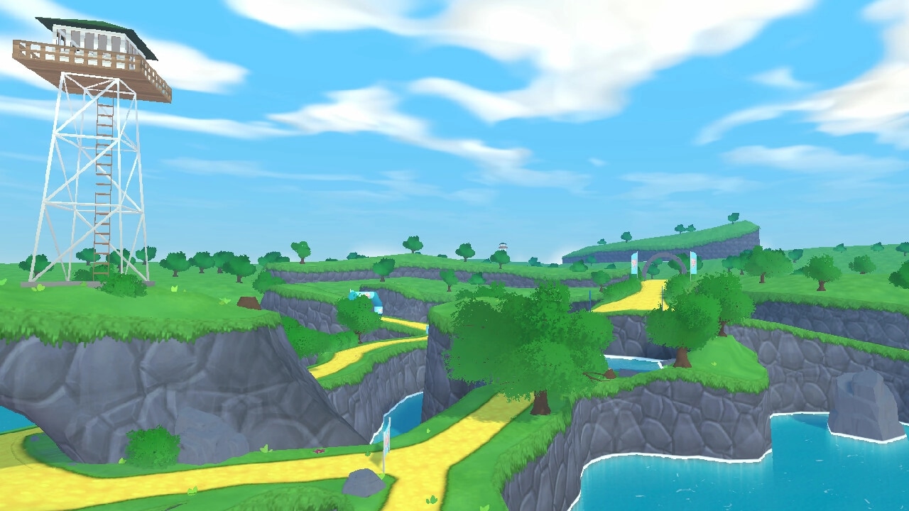 Bobo Bay: Scenic race track winding through lush green hills with a tall watchtower overlooking the area