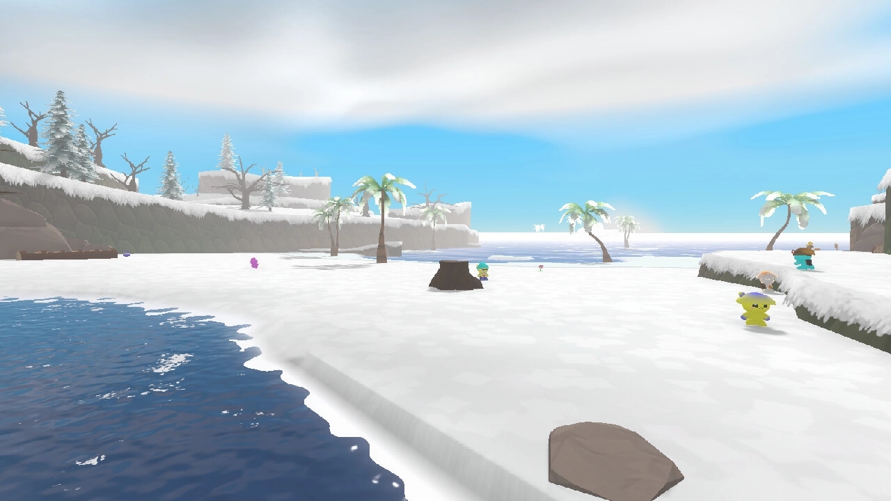 Bobo Bay: Creatures explore snowy beach with palm trees and ocean view in winter-themed setting