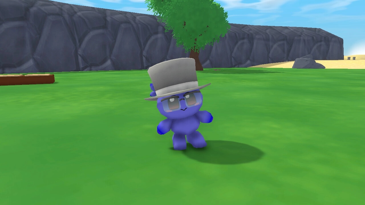 Bobo Bay: A purple creature wearing a top hat stands on green grass with a rocky wall and tree nearby.