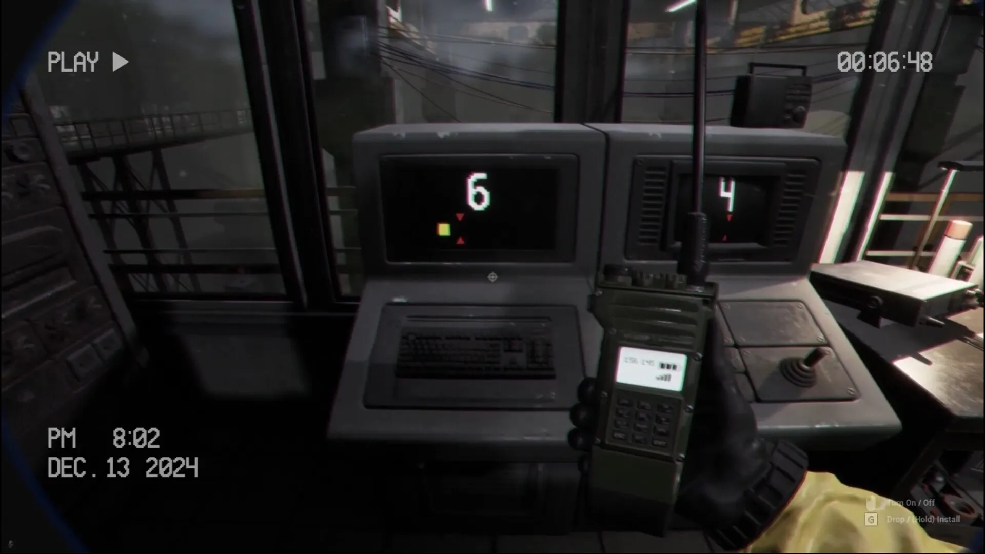 BodyRecords: Player holds radio in control room with screens displaying numbers and eerie surroundings.
