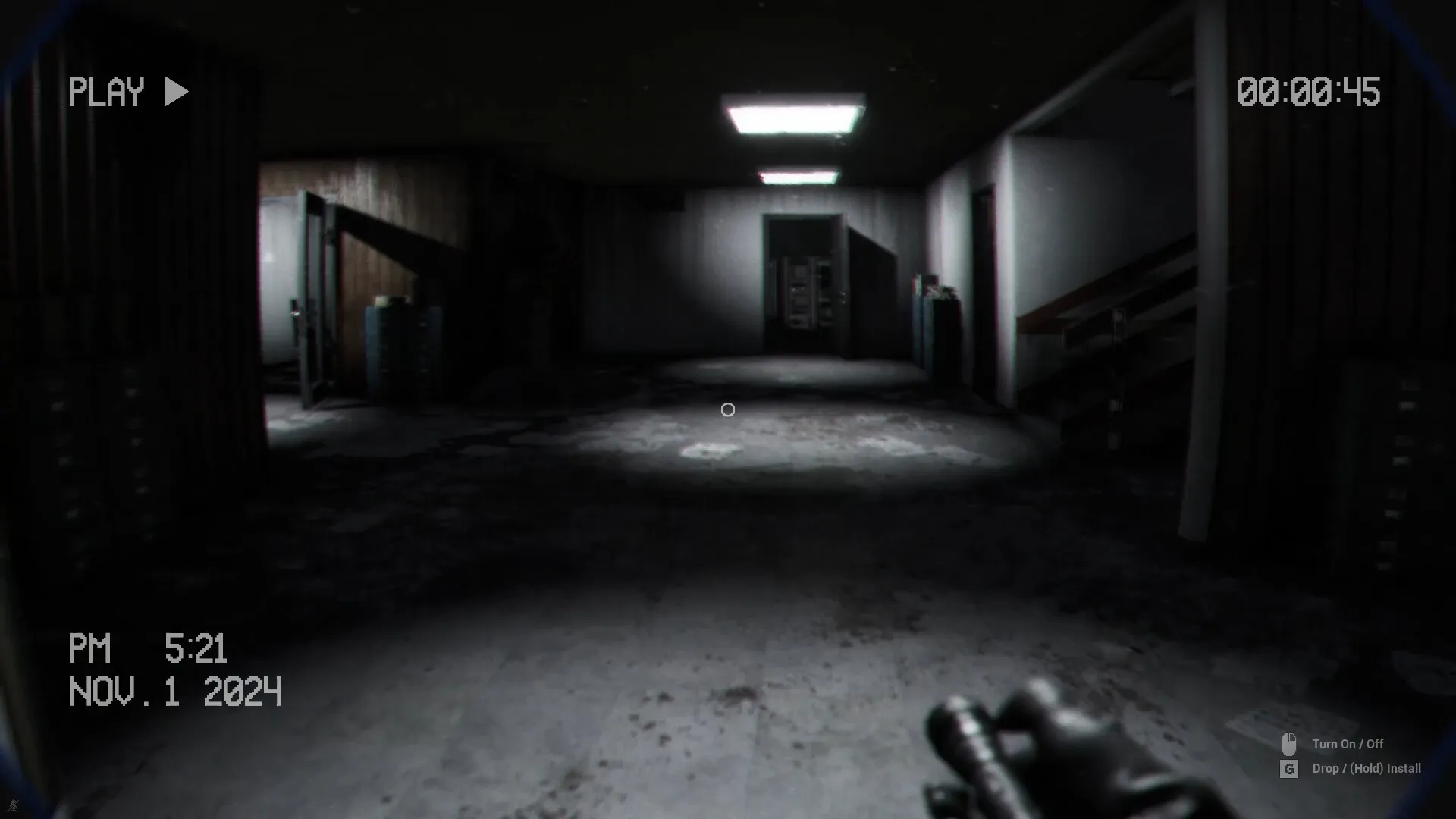 BodyRecords: Player explores dimly lit hallway with open door and timer displayed on screen