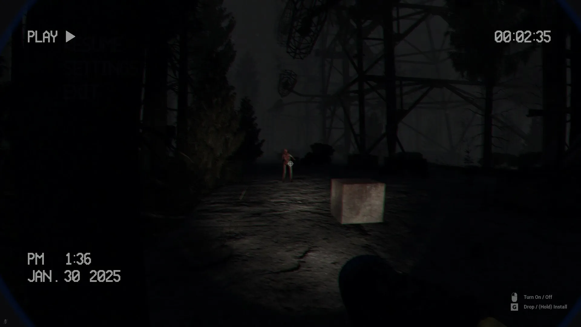 BodyRecords: Flashlight illuminates eerie forest path with creature ahead, time and date displayed