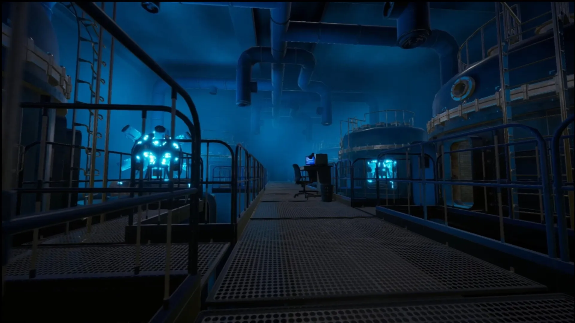 BodyRecords: Industrial lab with glowing blue tanks, computer station on walkway in eerie atmosphere