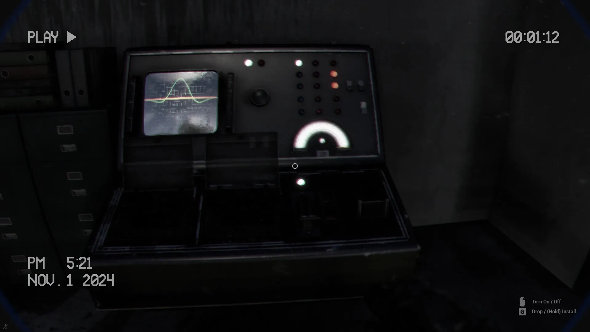 BodyRecords: Control panel with waveform monitor and buttons in a dimly lit room displaying timestamp.