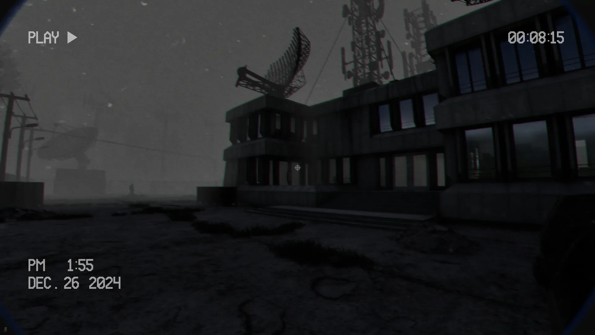 BodyRecords: Eerie building exterior with satellite dishes and timestamp overlay in foggy environment