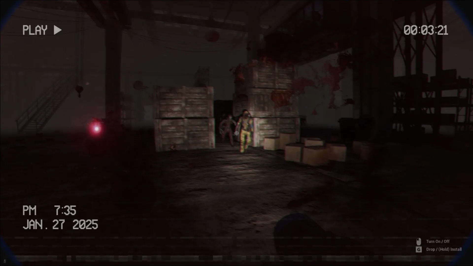 BodyRecords: Player in dim warehouse with crates, eerie red light, timestamp, and control options visible.