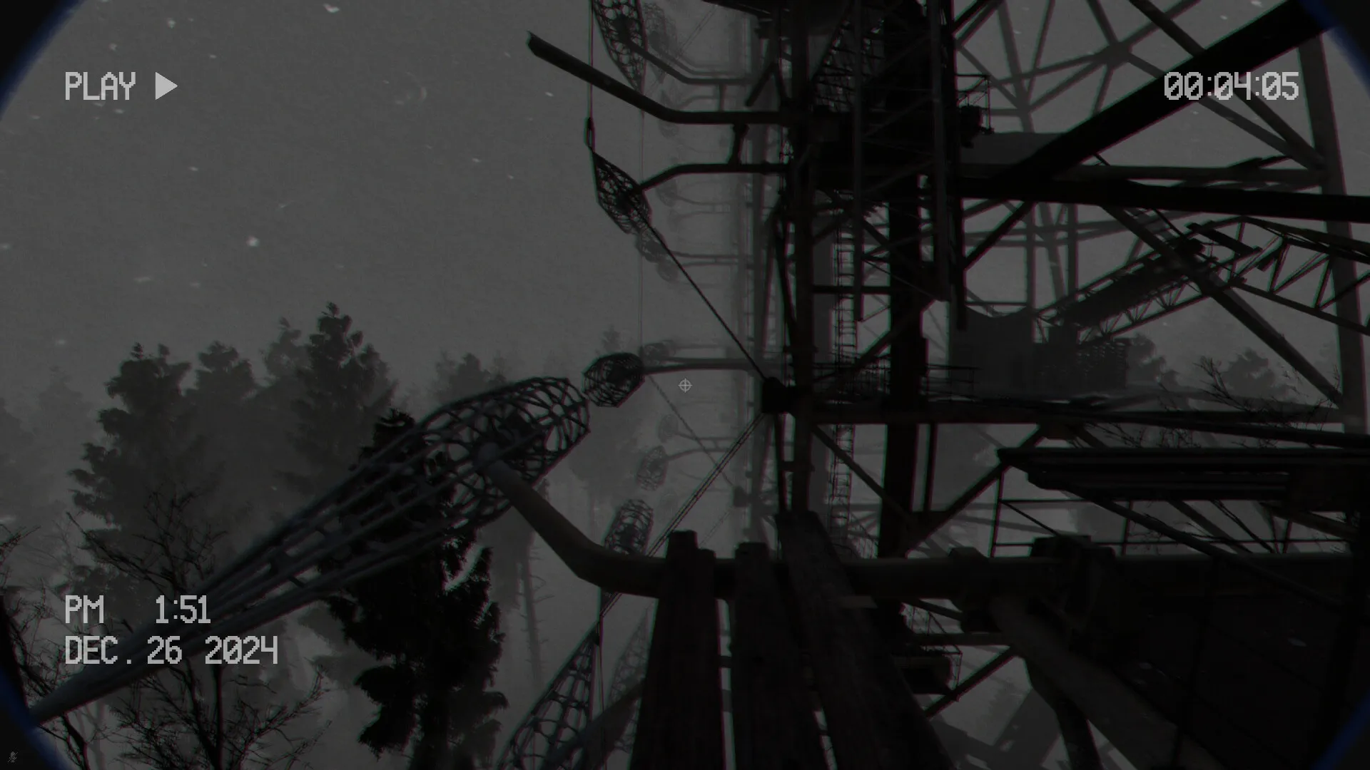 BodyRecords: Climbing a dark, eerie radio tower amidst foggy forest setting, with time overlay visible.