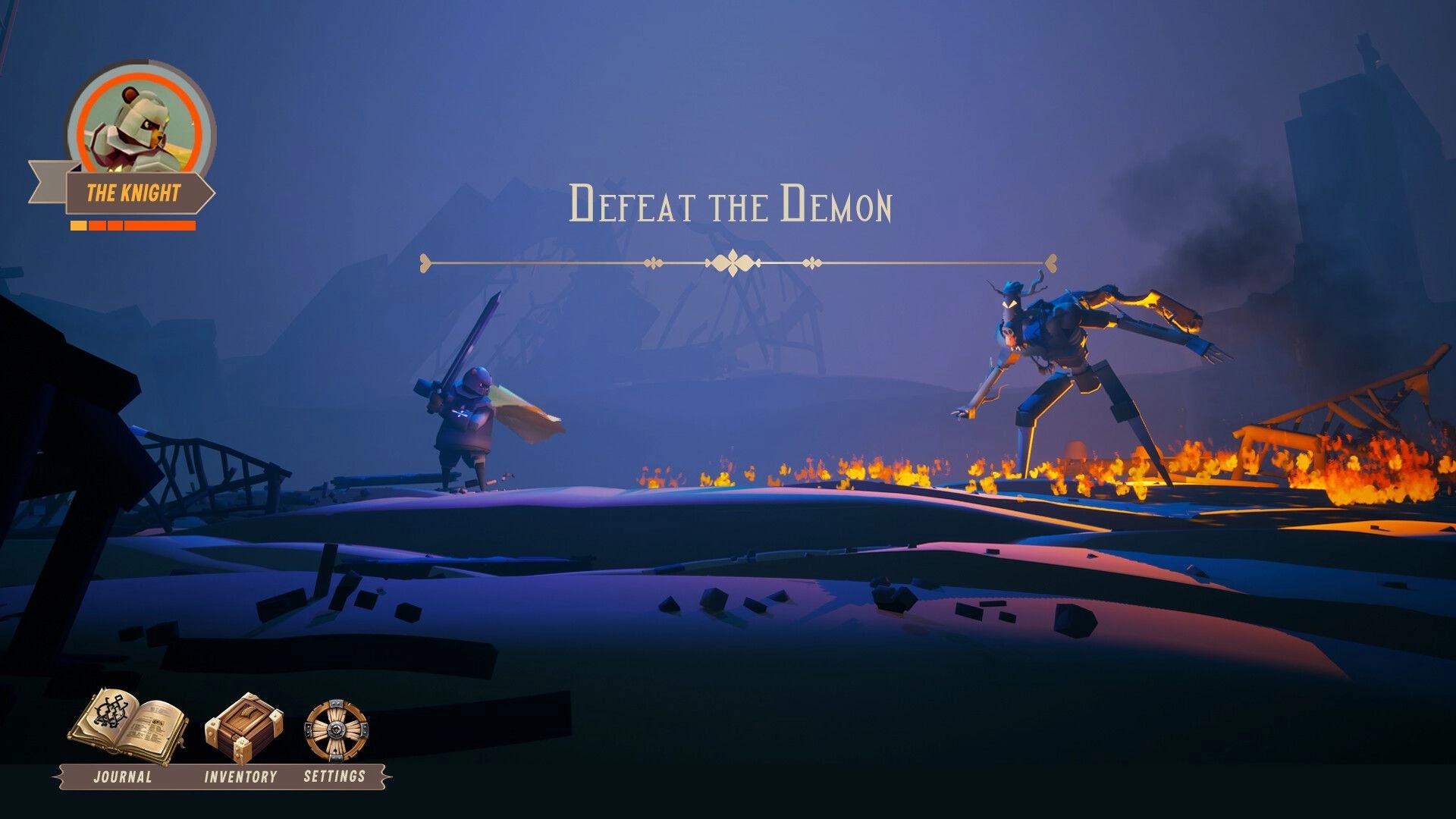 Bogdan's Cross: The Knight faces a demon in fiery ruins with health bar and menu icons visible
