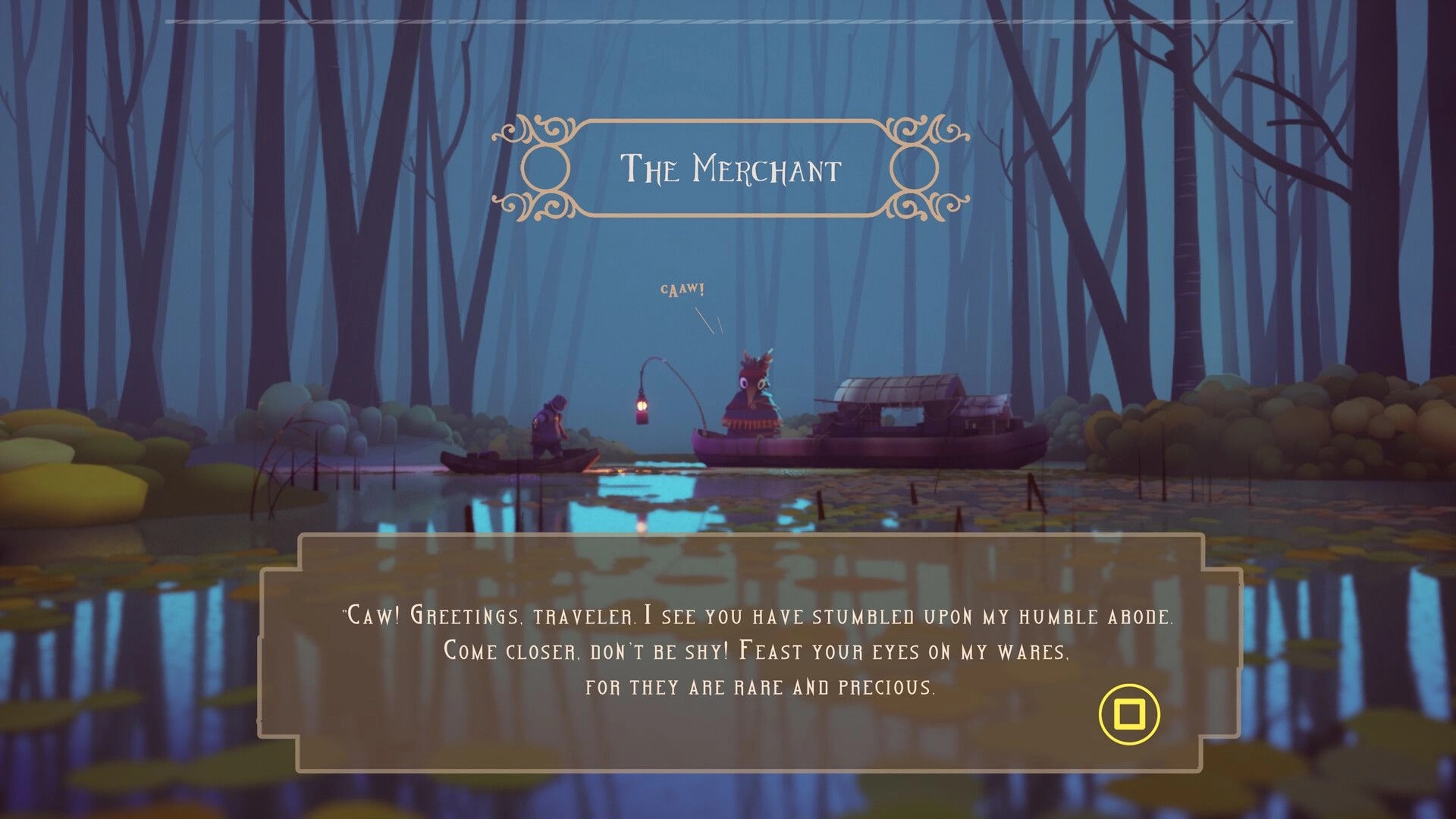 Bogdan's Cross: Merchant encounter on a serene lake with dialogue box in a mystical forest setting
