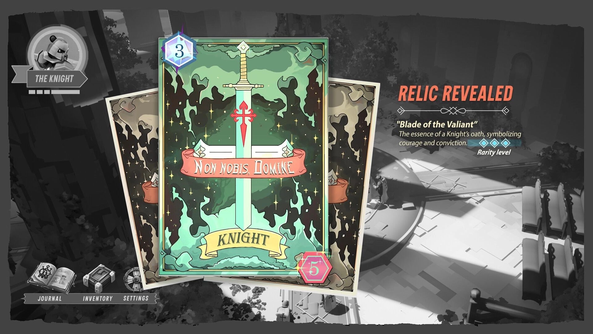 Bogdan's Cross: Knight relic discovery screen with "Blade of the Valiant" details and rarity level icons