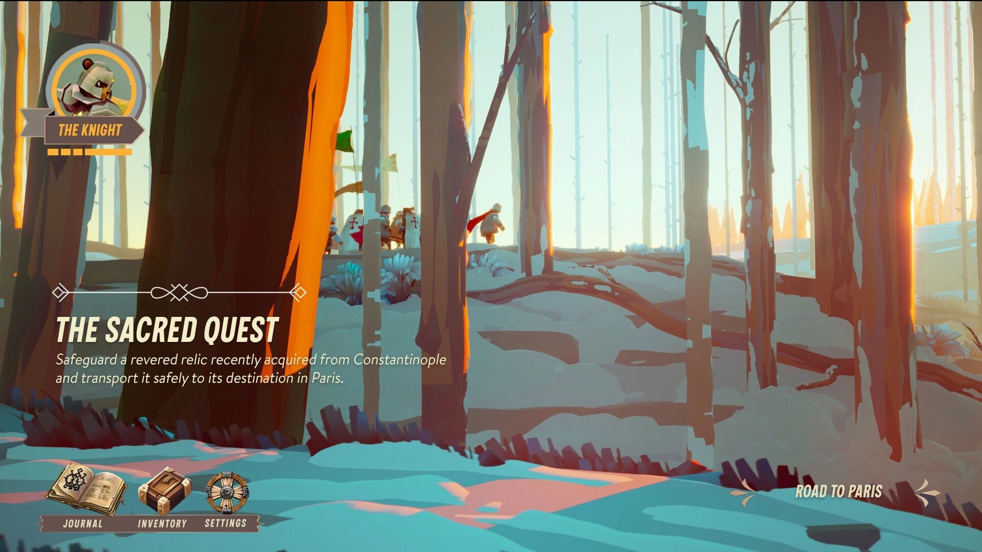 Bogdan's Cross: Knight leading a group through a snowy forest with quest details and menu options visible.