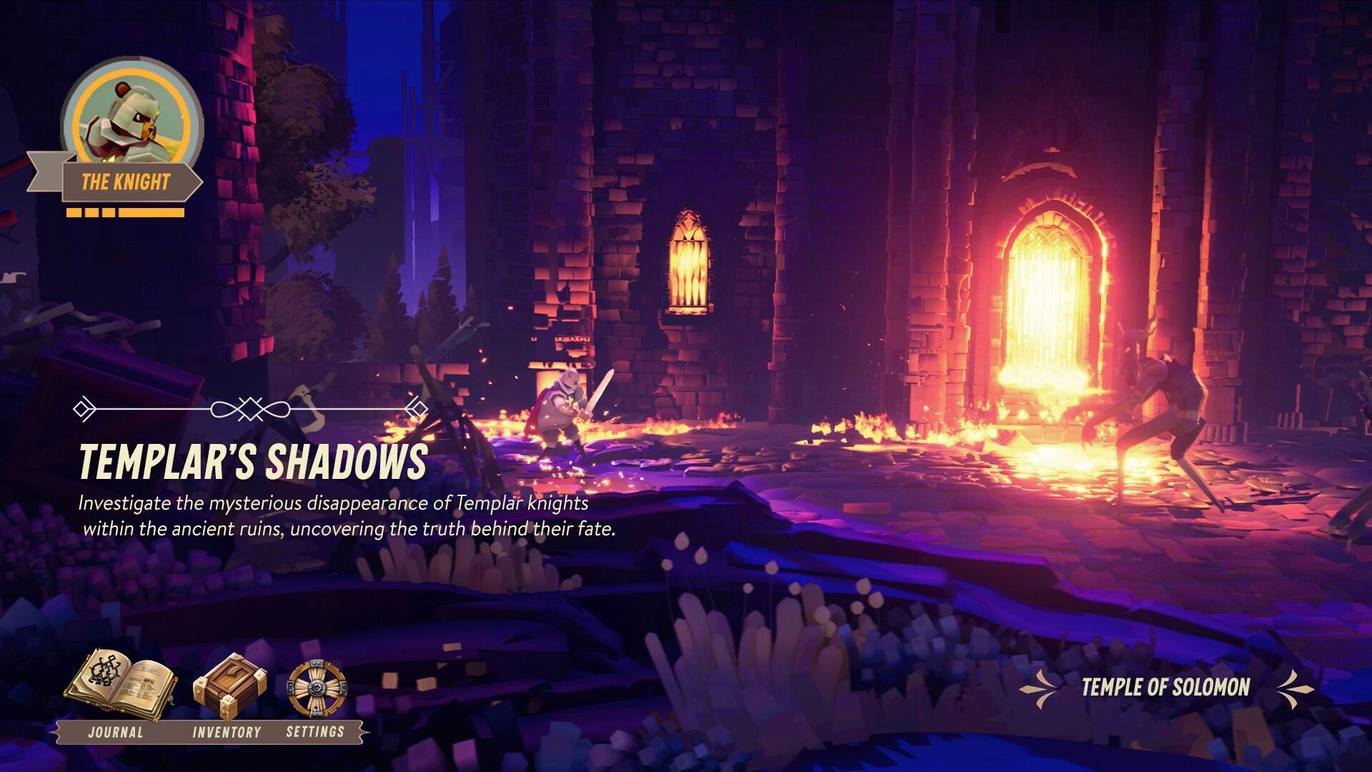 Bogdan's Cross: Knight battling enemies near a glowing gate in Temple of Solomon ruins