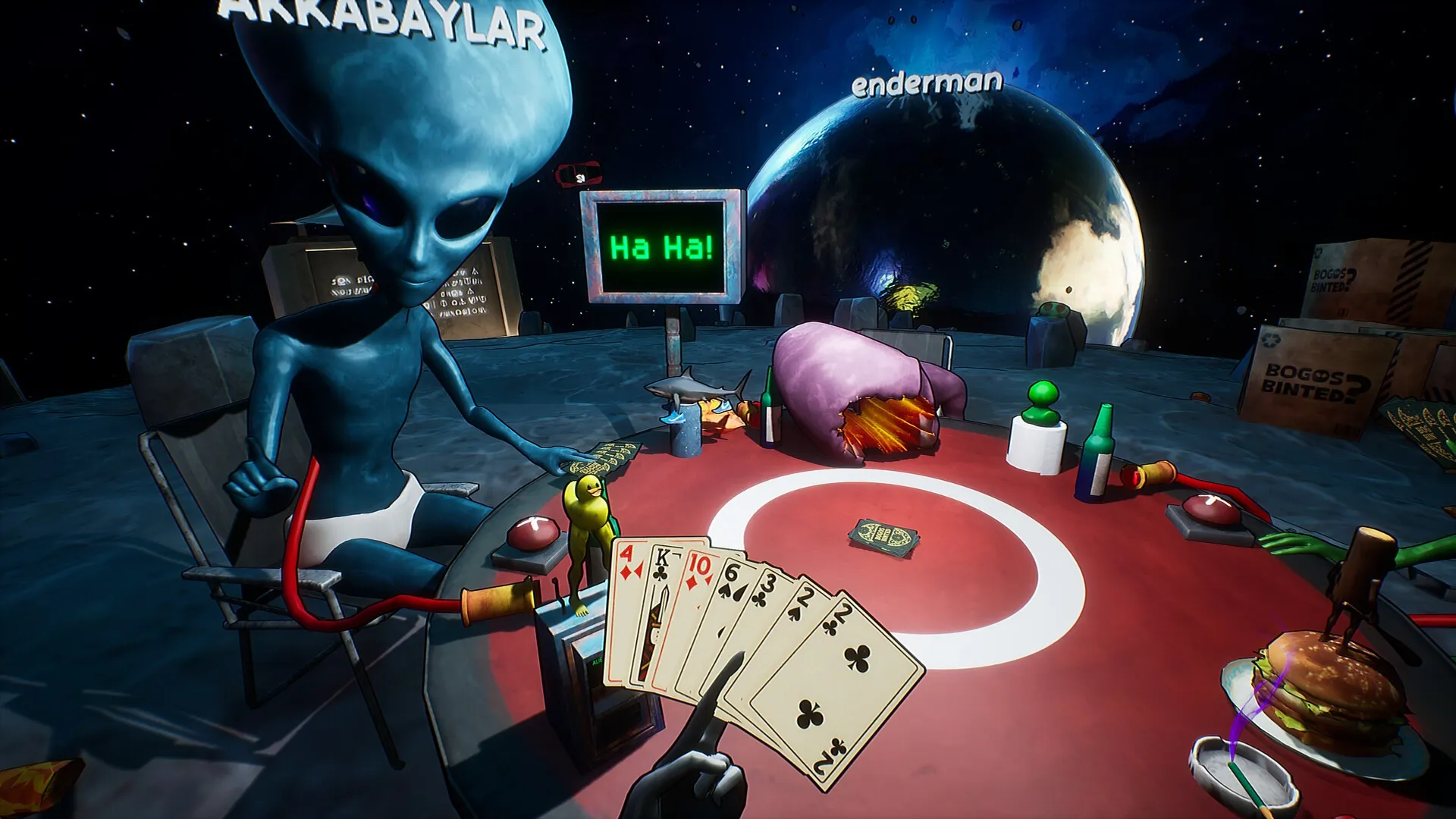 Bogos Binted?: Alien plays cards at a round table on a moon base with quirky objects and monitors.