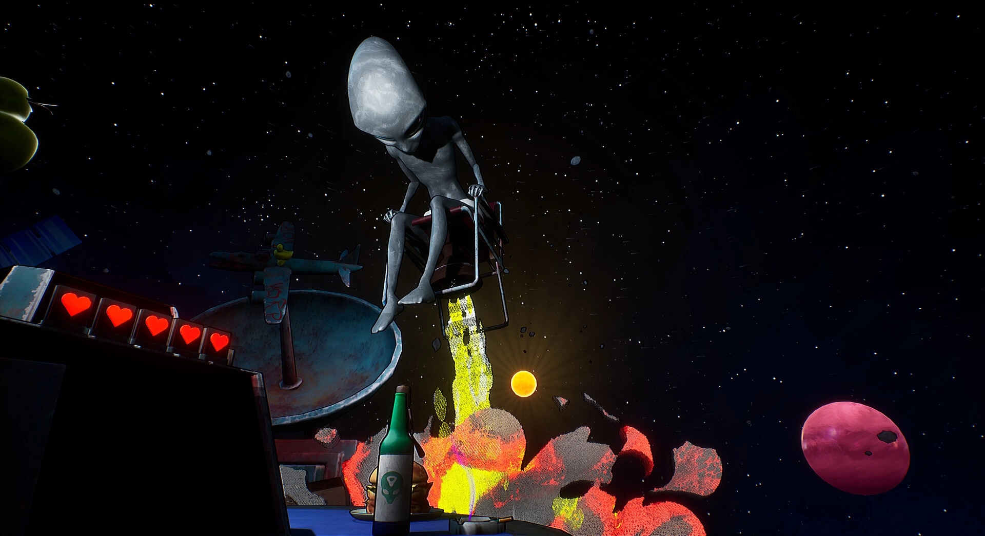 Bogos Binted?: Alien on a chair rocketing above flaming debris with planets and stars in the background