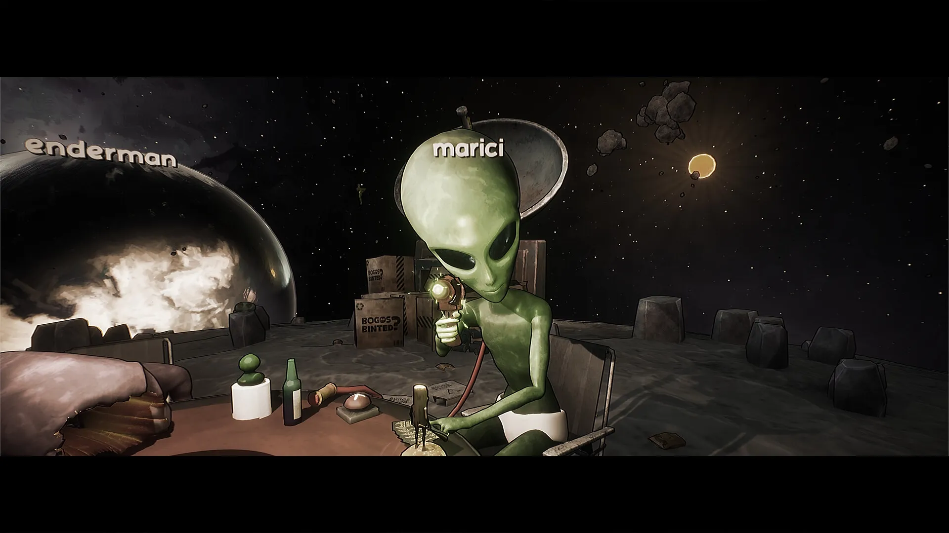 Bogos Binted?: Alien named marici holding a glowing device at a table on a moonlit asteroid surface.