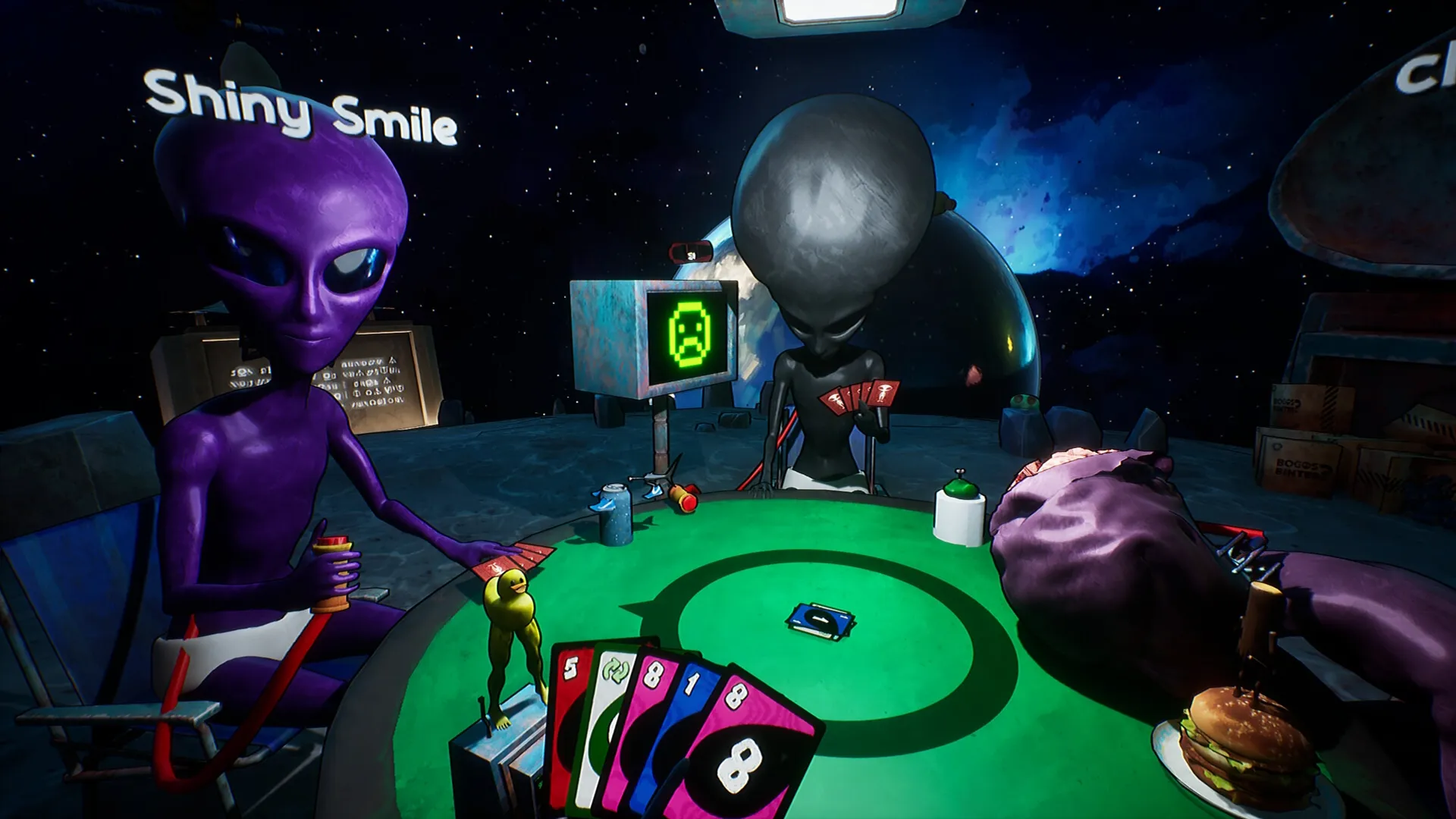 Bogos Binted?: Aliens play cards at a round table in space with a green digital screen nearby