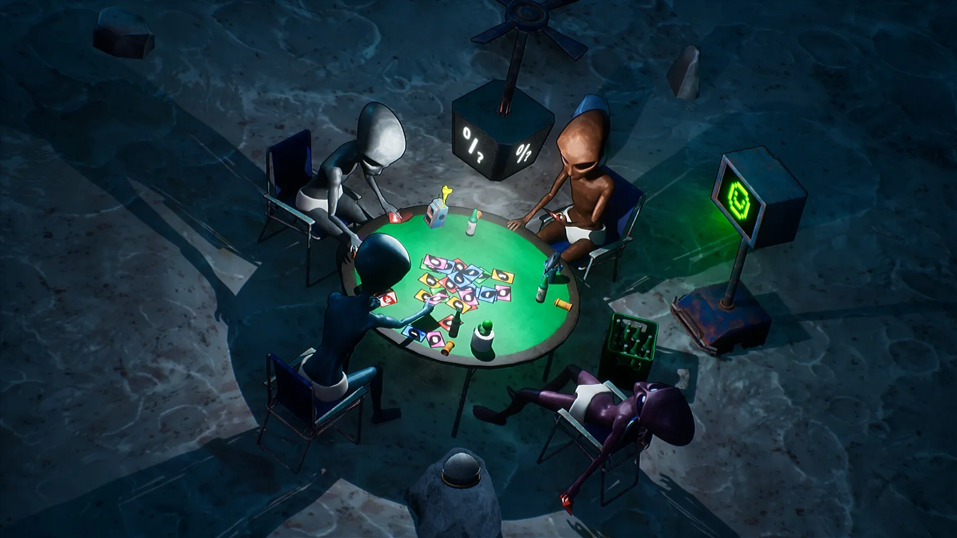 Bogos Binted?: Four aliens playing cards under a lamp on a moonlit surface, surrounded by bottles.