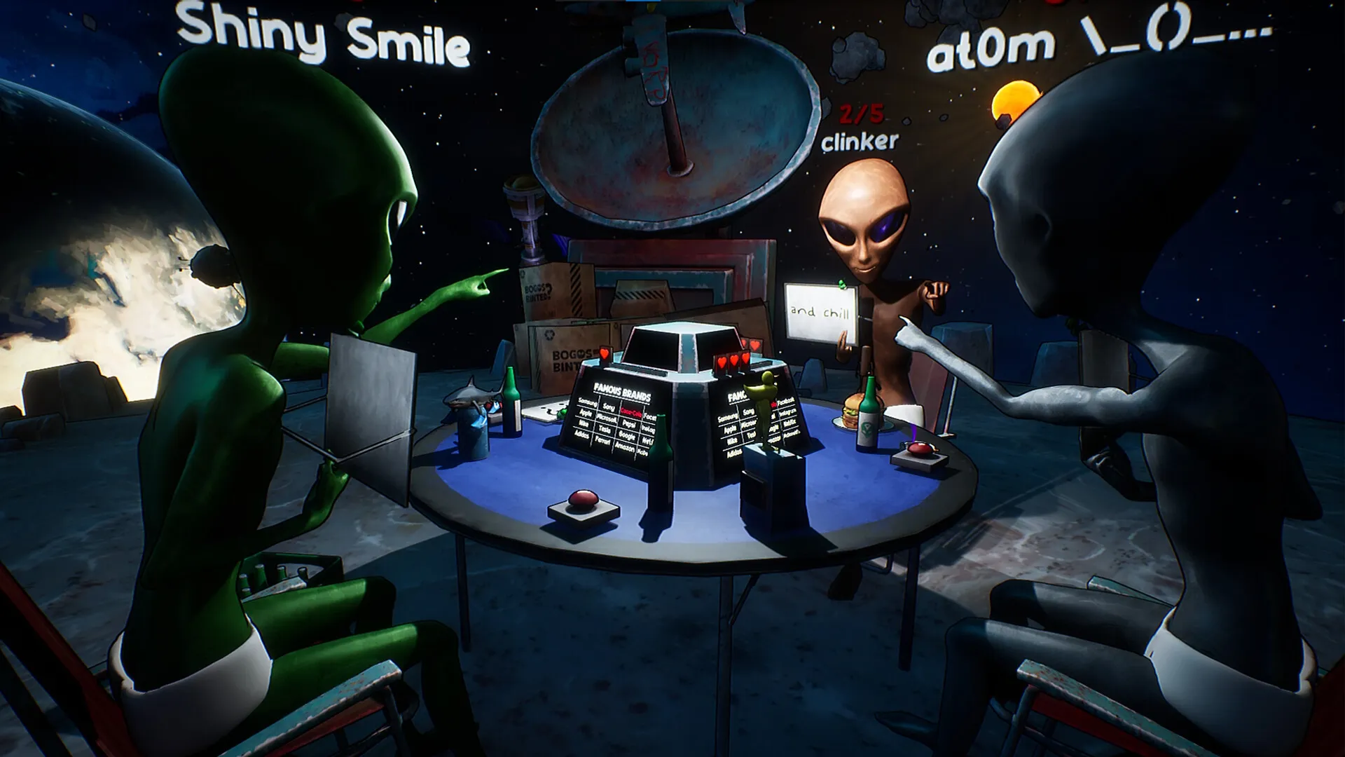Bogos Binted?: Aliens playing tabletop game on space station with branded items and score displayed