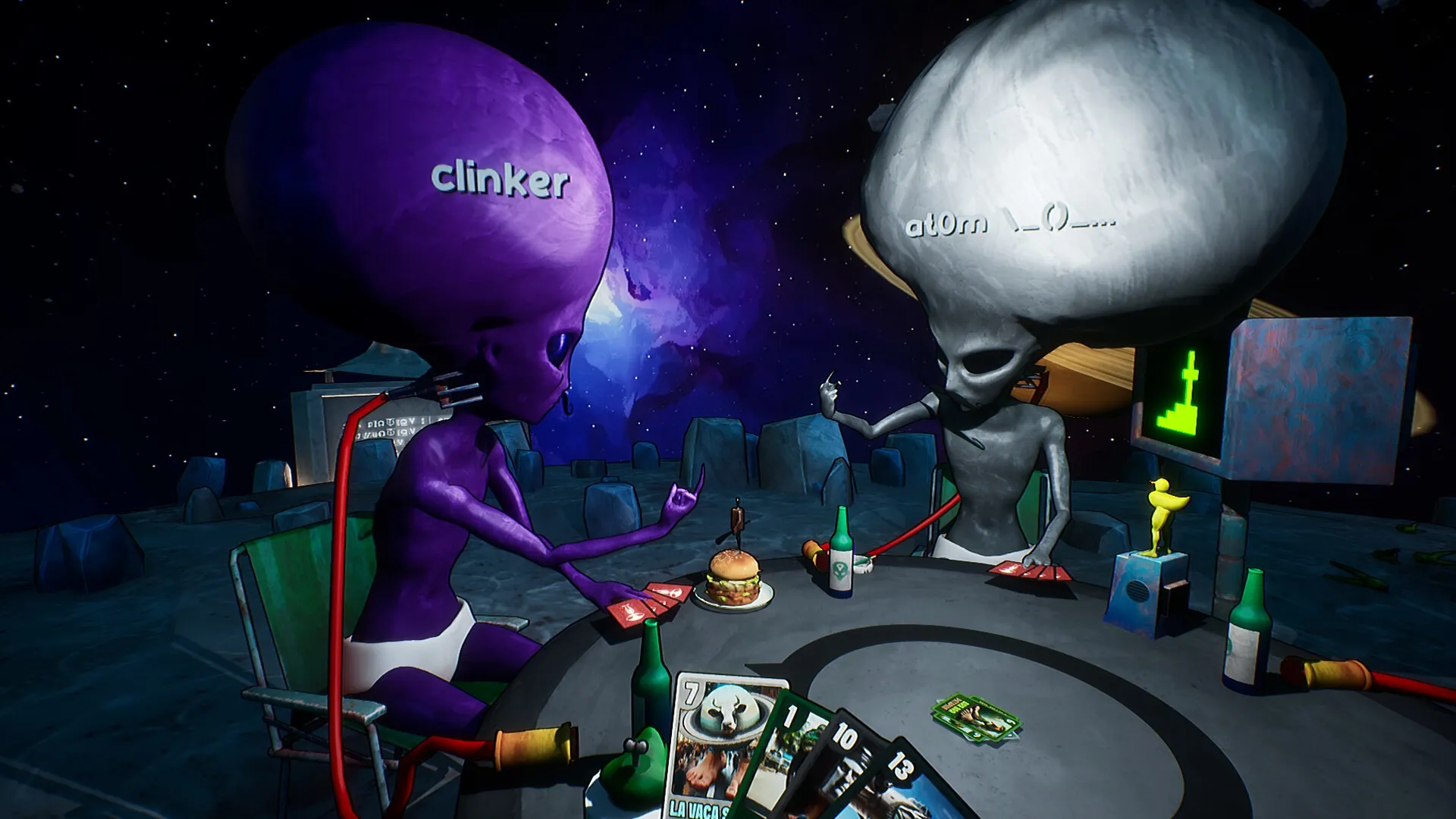 Bogos Binted?: Aliens Clinker and At0m playing cards on a space station with bottles and burgers around