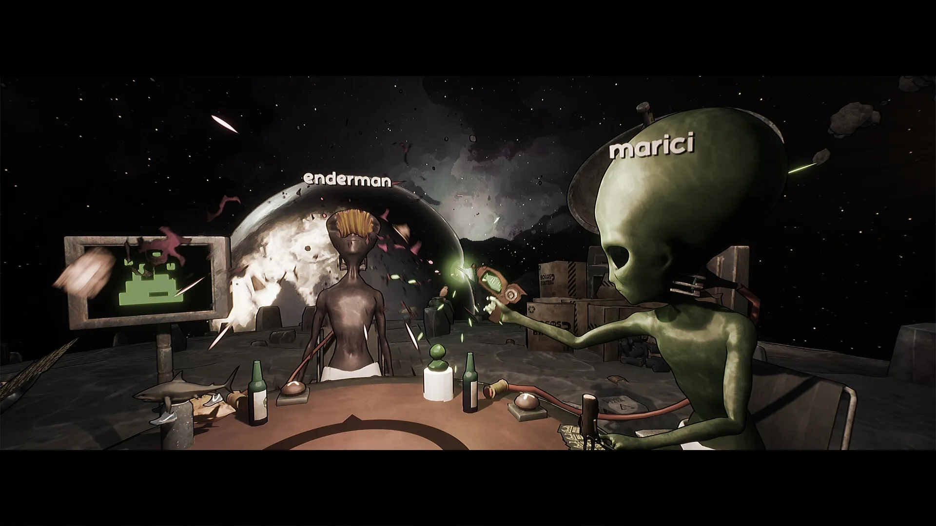 Bogos Binted?: Marici aims a ray gun at Enderman during a tense tabletop game on a space station.