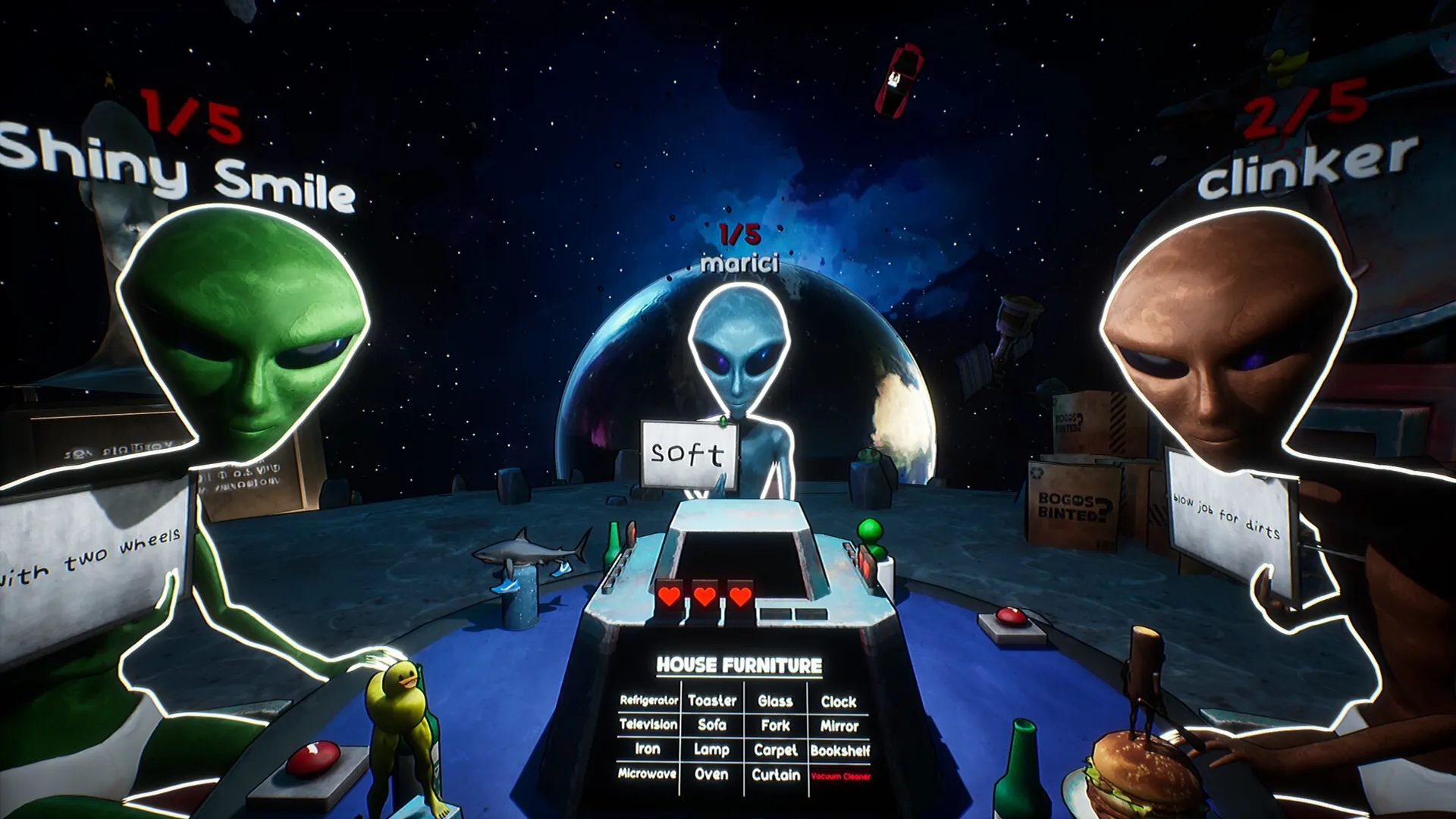 Bogos Binted?: Aliens Shiny Smile, marici, and clinker play tabletop game in a cosmic setting
