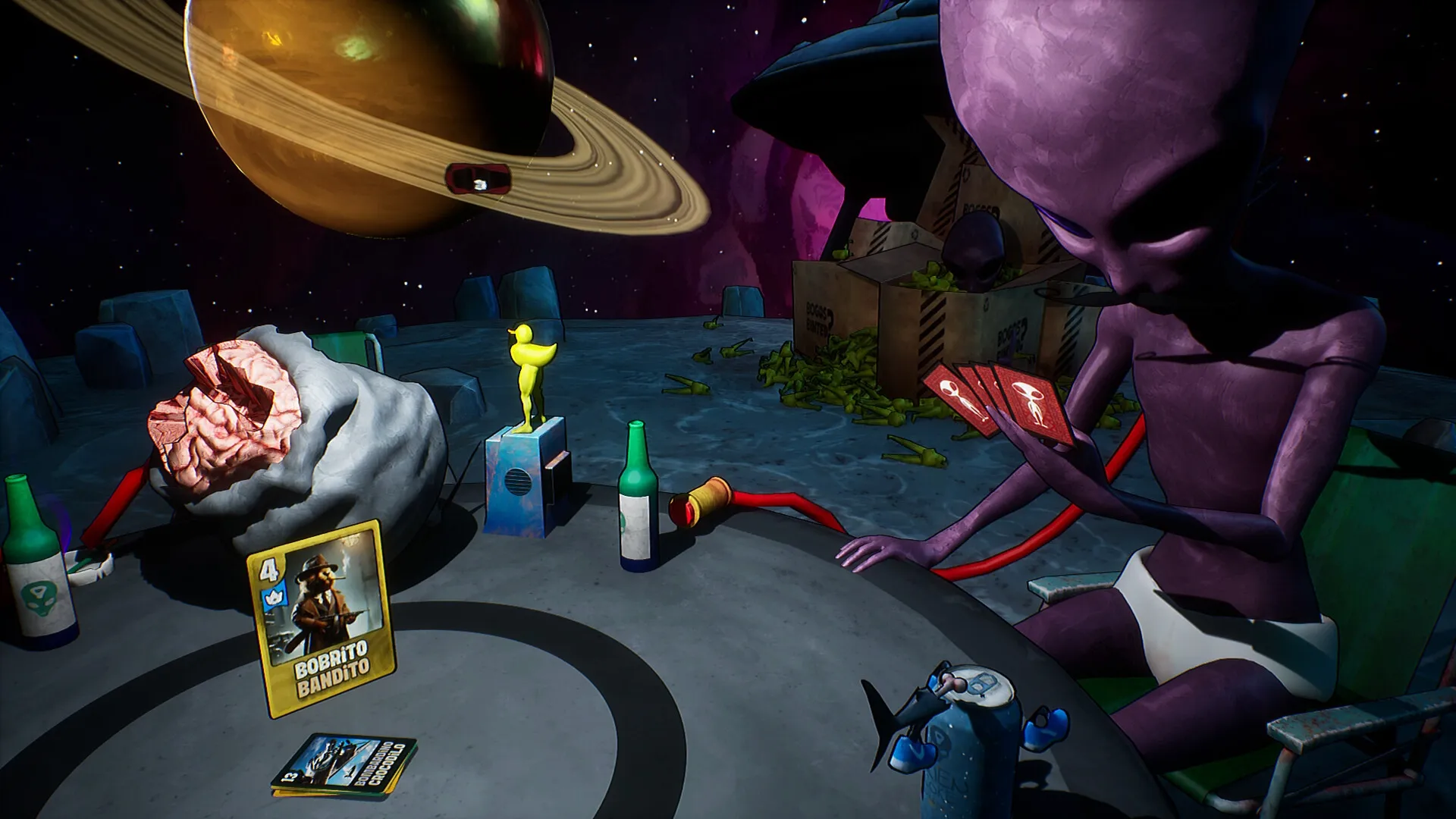 Bogos Binted?: Alien playing cards at a round table, space setting with a planet in the background.