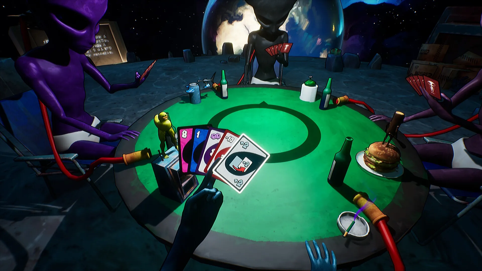 Bogos Binted?: Alien poker game at a round table on a space station with planets in the background.