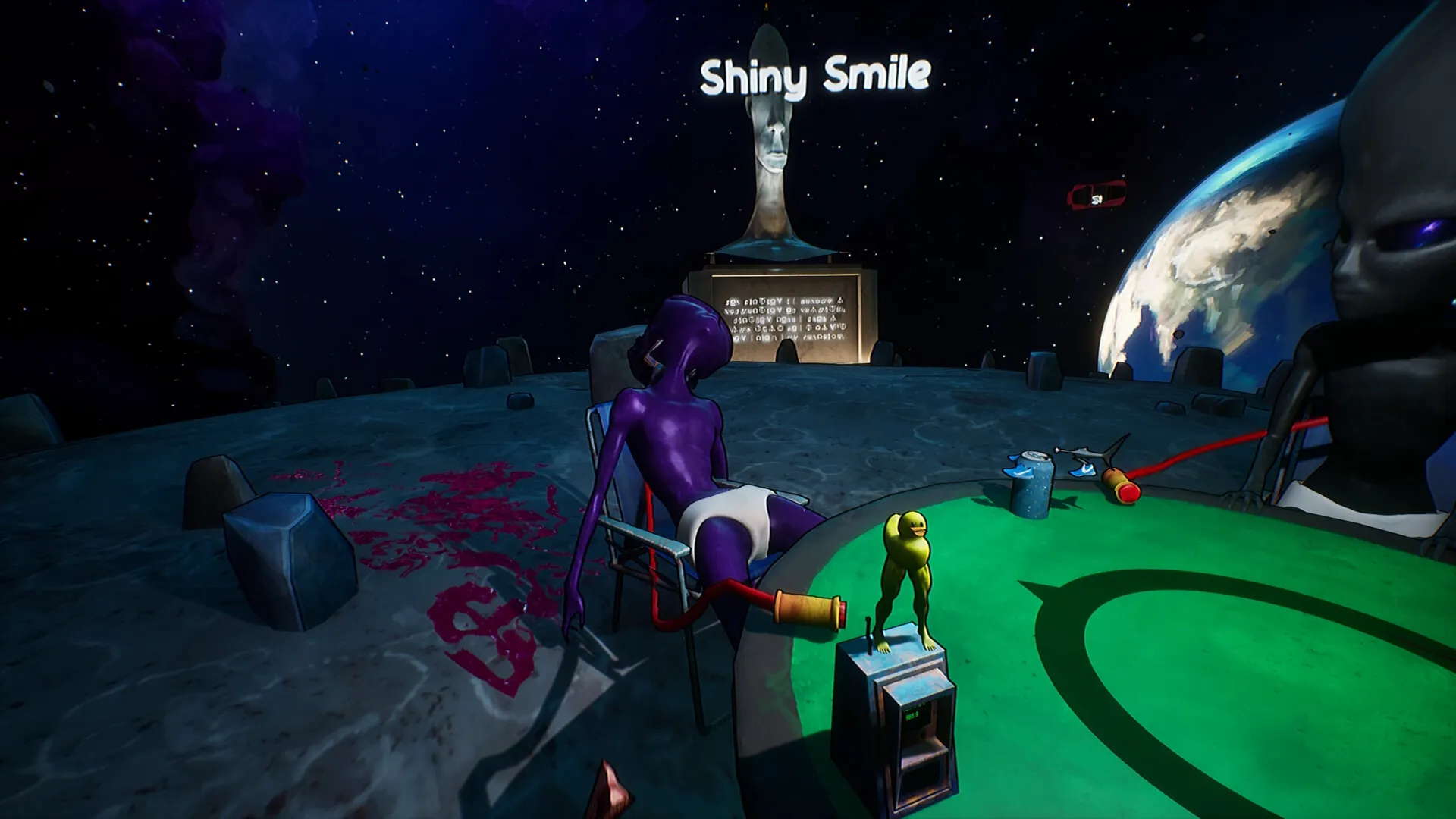 Bogos Binted?: Purple alien lounging at green poker table with rubber ducky on moonlit space station