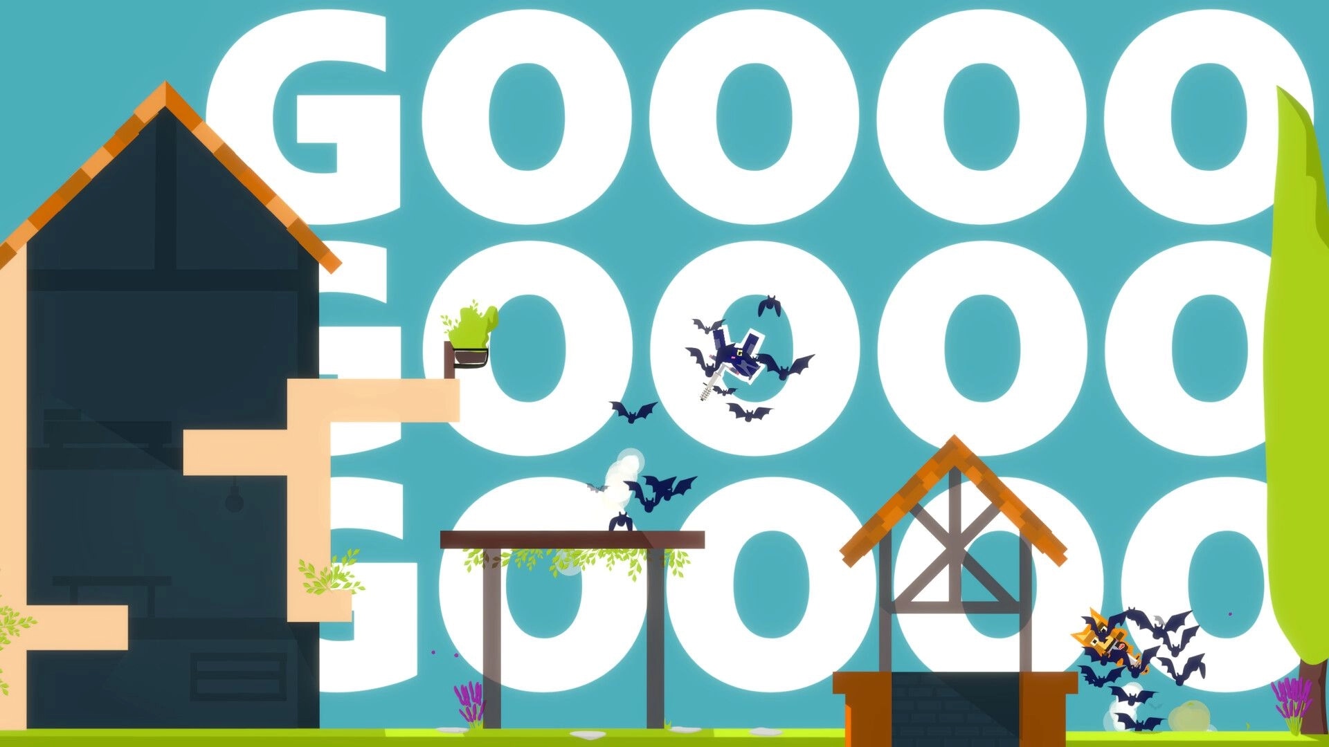 Boiiing Boiiing: Animals on pogo sticks bounce among bats near houses with large "GOOO" in the background.