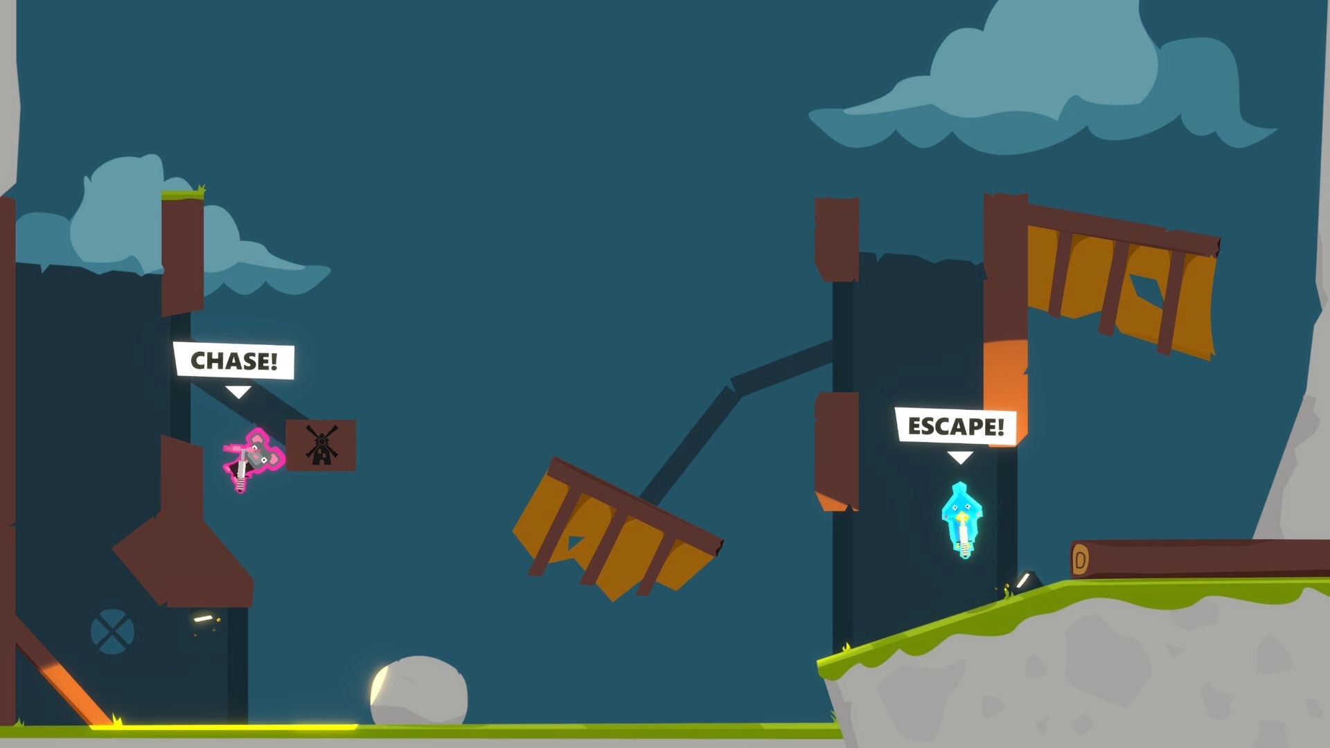 Boiiing Boiiing: Pink animal on pogo stick chasing blue character in a platform obstacle course