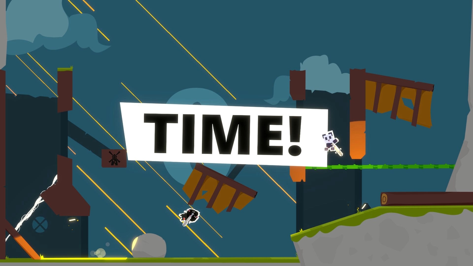Boiiing Boiiing: Two animals with pogo sticks in a level with a "TIME!" banner and floating platforms.