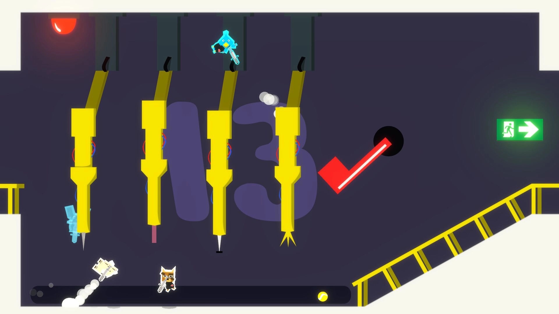 Boiiing Boiiing: Animals on pogo sticks navigating obstacles in a dark platform with exit sign