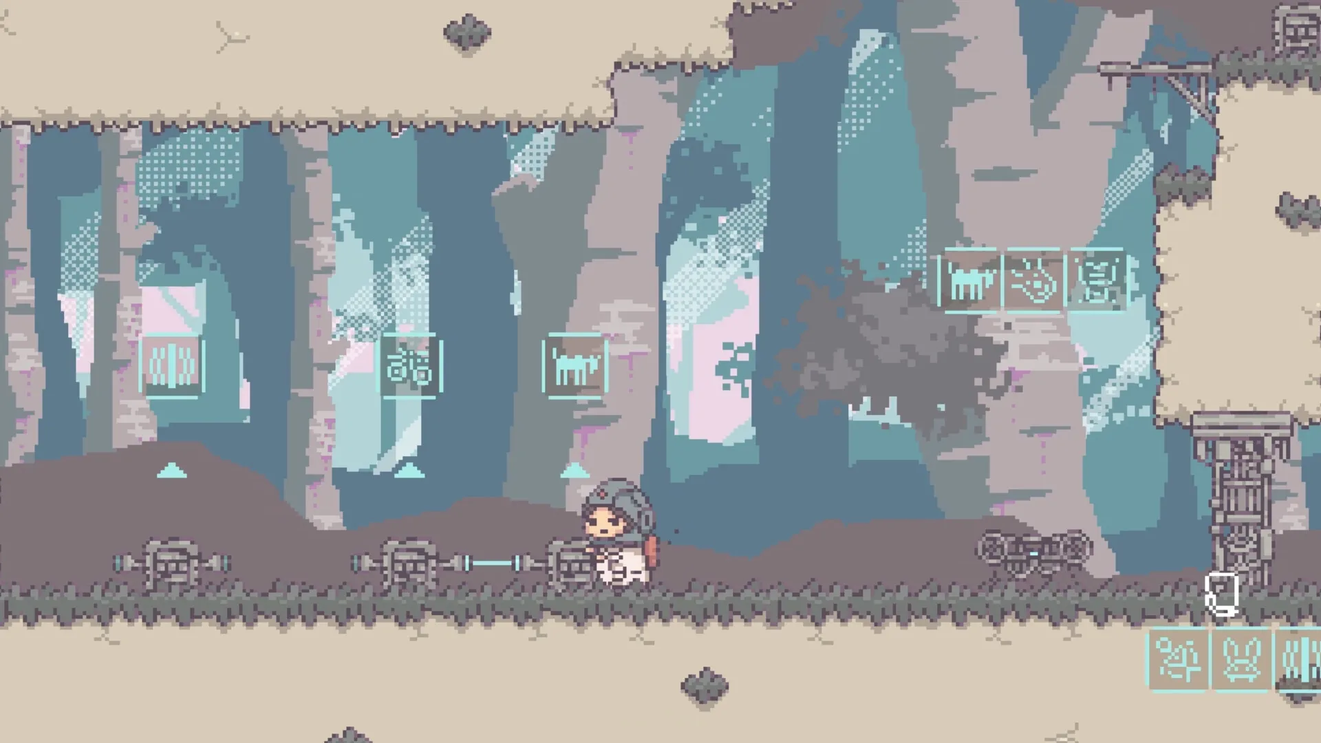 BOKURA: Character in helmet solving puzzle with mechanical devices in a pixel art forest setting