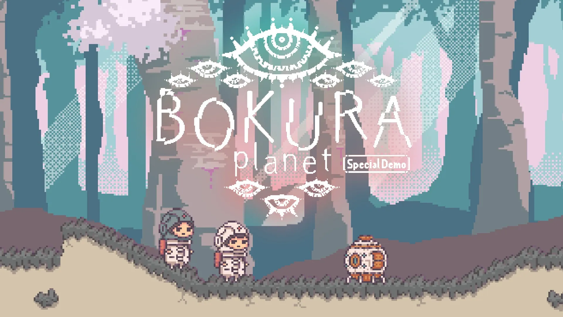 BOKURA: Two astronauts and a robot explore a pixelated forest with game logo prominently displayed.