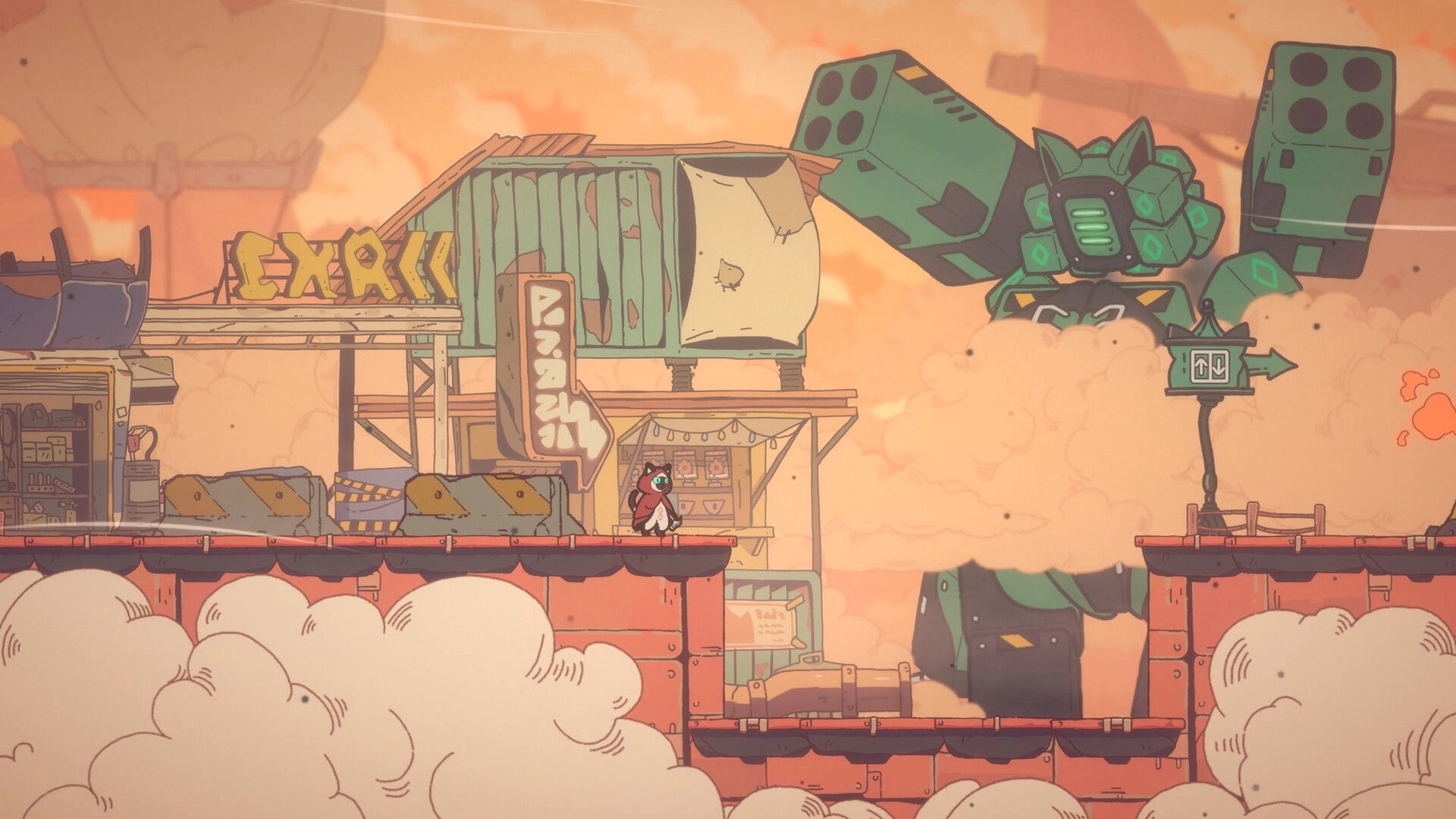 Bolt & Whalington: Bolt stands on a cloudside platform near an EXIT sign, giant green mech looming above.