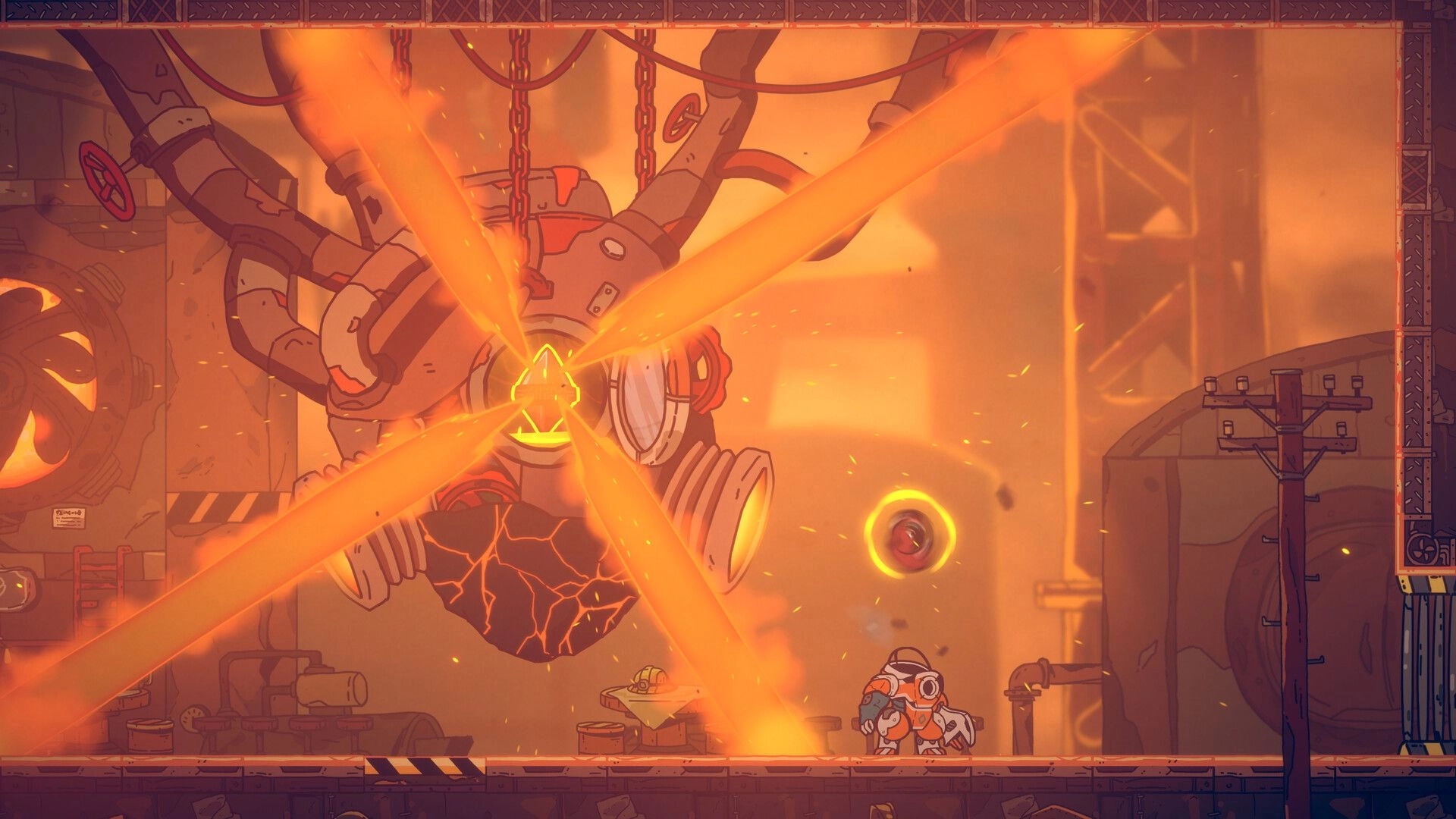 Bolt & Whalington: Bolt dodges giant laser beams in a smoky industrial factory room with pipes and tanks.