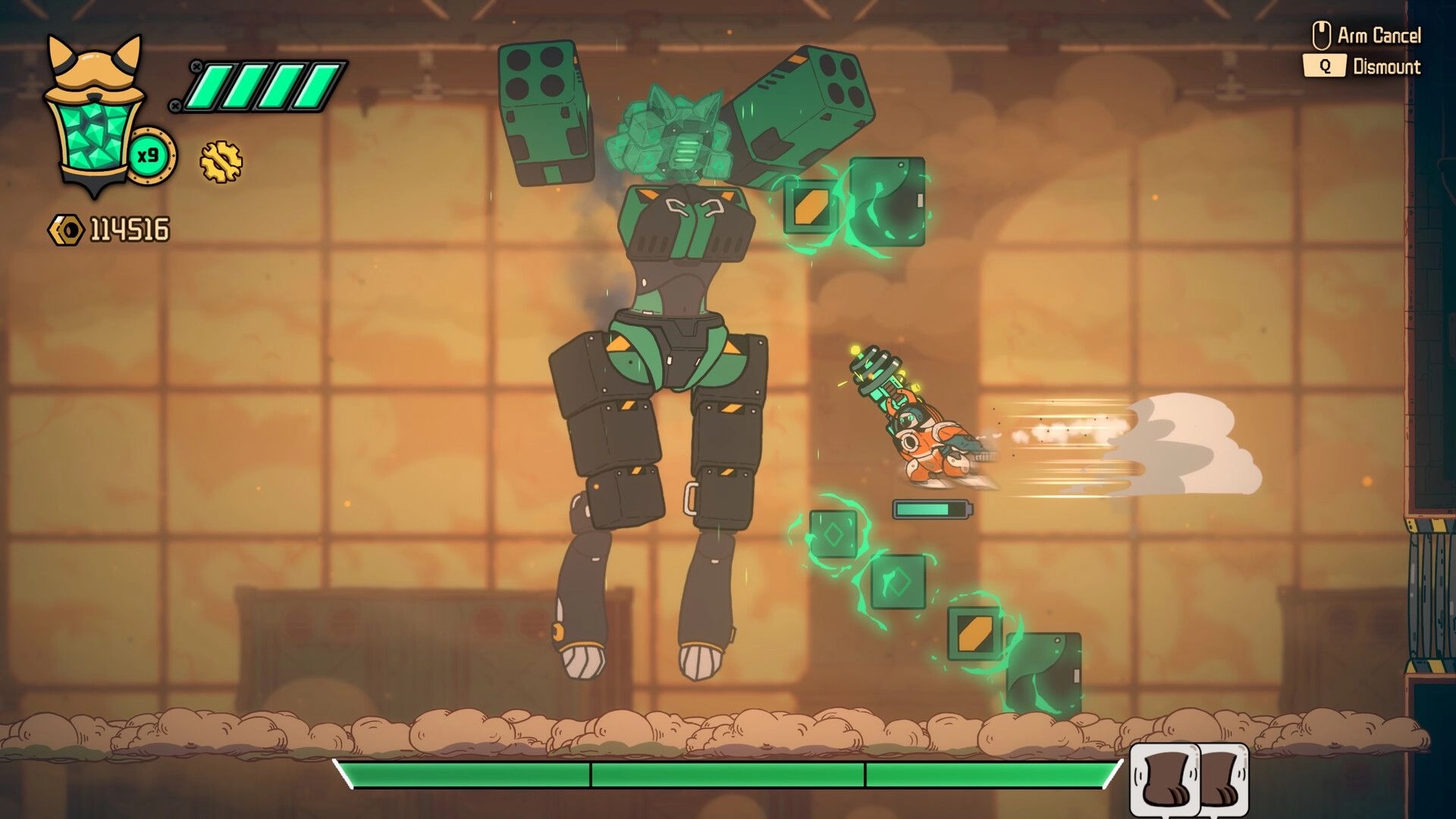 Bolt & Whalington: Bolt dashes midair beside a giant robot boss in a dusty factory arena with HUD.