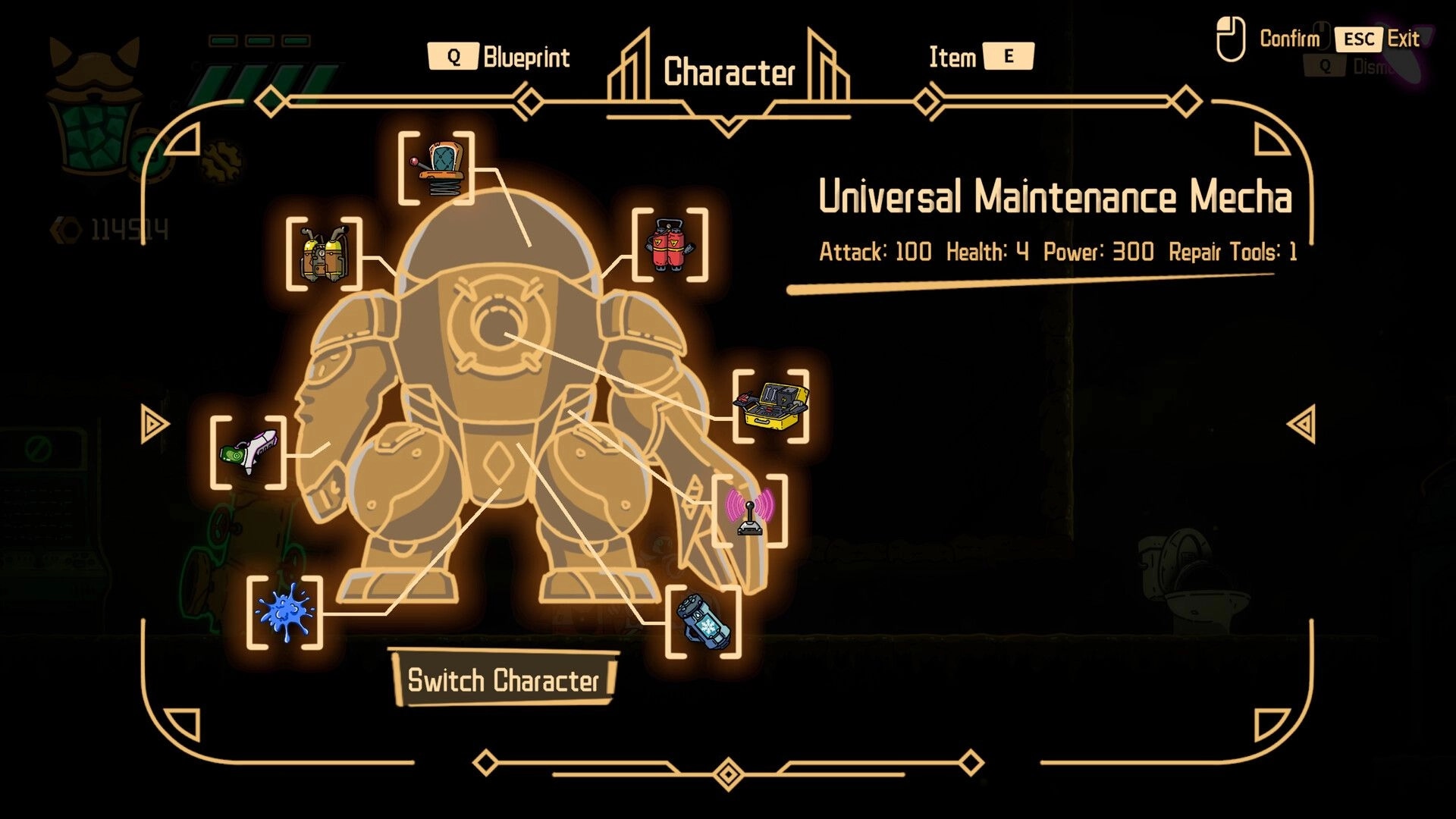 Bolt & Whalington: Character menu for Universal Maintenance Mecha with stats and gear icons on HUD.