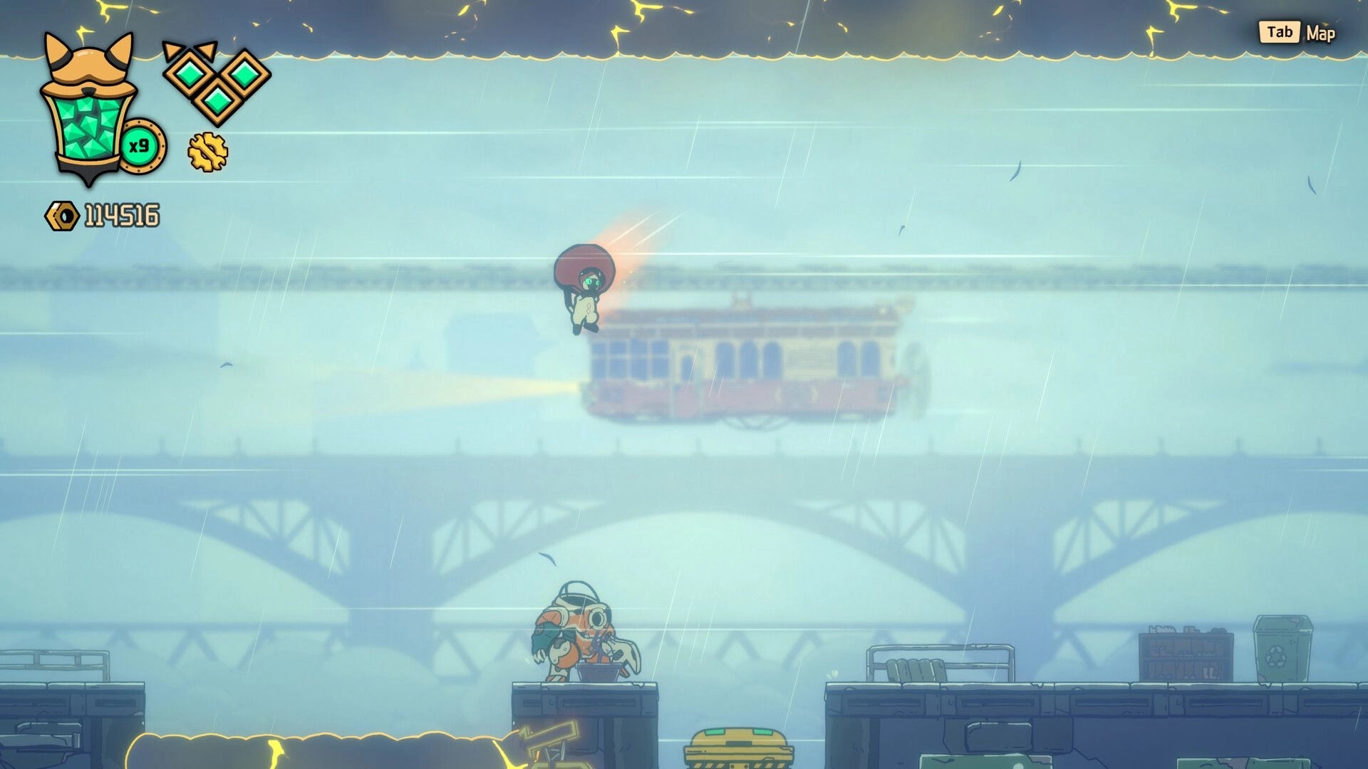 Bolt & Whalington: Bolt hovers in rain above a bridge platform, with HUD gems and currency visible.