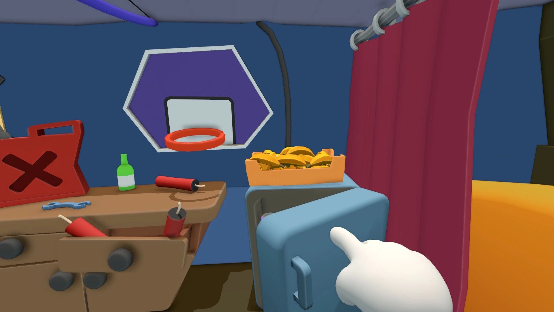 BOMBANANA!: First-person hand points at cabinet with bananas beside tools and dynamite in van interior.