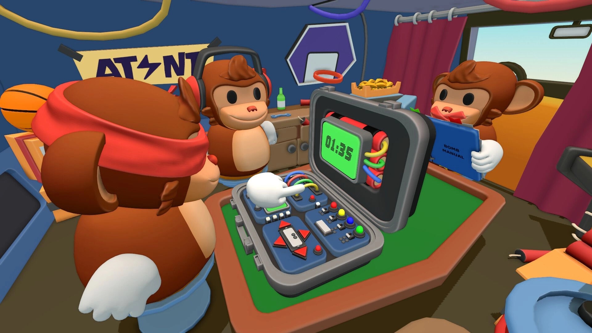 BOMBANANA!: Three monkeys defuse a bomb with wires and buttons inside a cluttered van workshop.