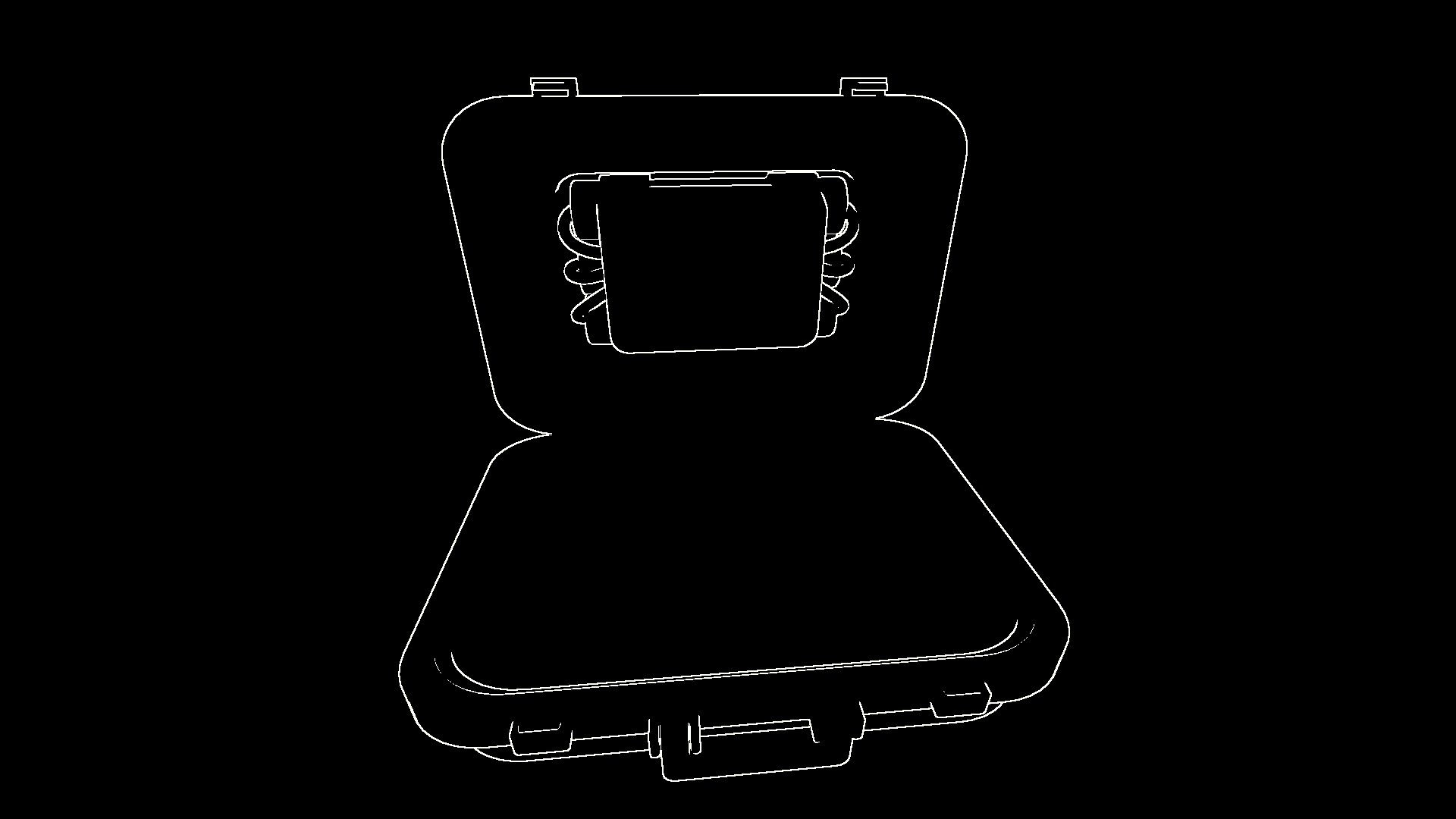BOMBANANA!: Open bomb suitcase with a taped block and wires inside, outlined in white on black background.